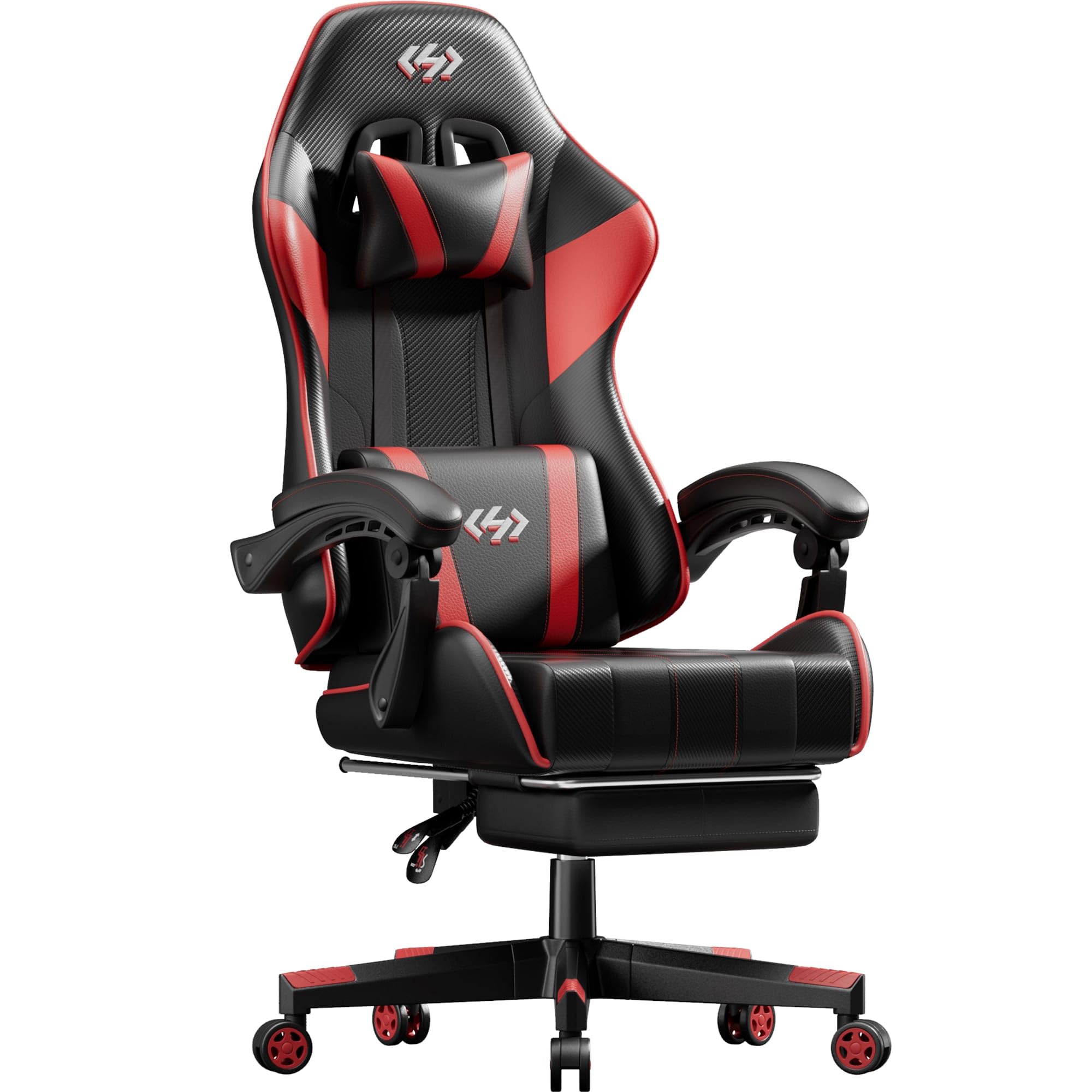 HLFURNIEU Ergonomic Gaming Chair, Gamer Chair with Footrest and Lumbar Support, Computer Chair with Spring Cushion, Gamer Chair Height Adjustable, Adjustable Backrest, Cadeira Gaming Black and Red