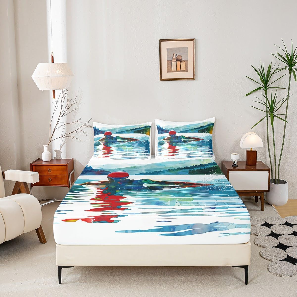 Erosebridal Swim Bed Sheets Summer Cool Sports Bedding Set Swimming Water Sports Fitted Sheet Modern Fashion Swimmer Fitted Bed Sheet Full Size for Kids Boys Girls Teen Room Decor