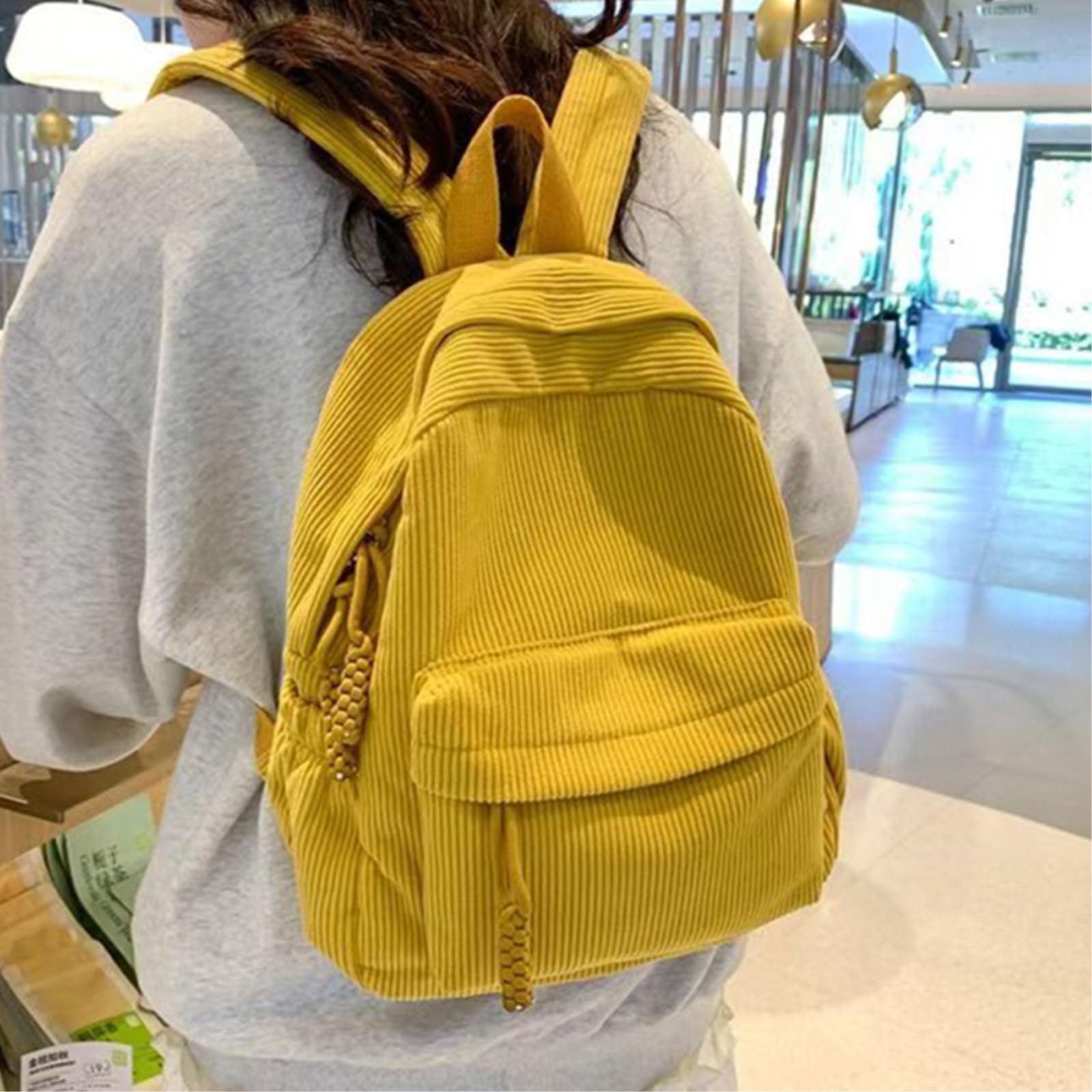 Zaino da Viaggio Mini Verticale Nero Intrecciato con Cerniera A Perline Tira Il Sacco Giorno Luce Tasca Laterale per Lo Shopping Casual Giornaliero-Khaki