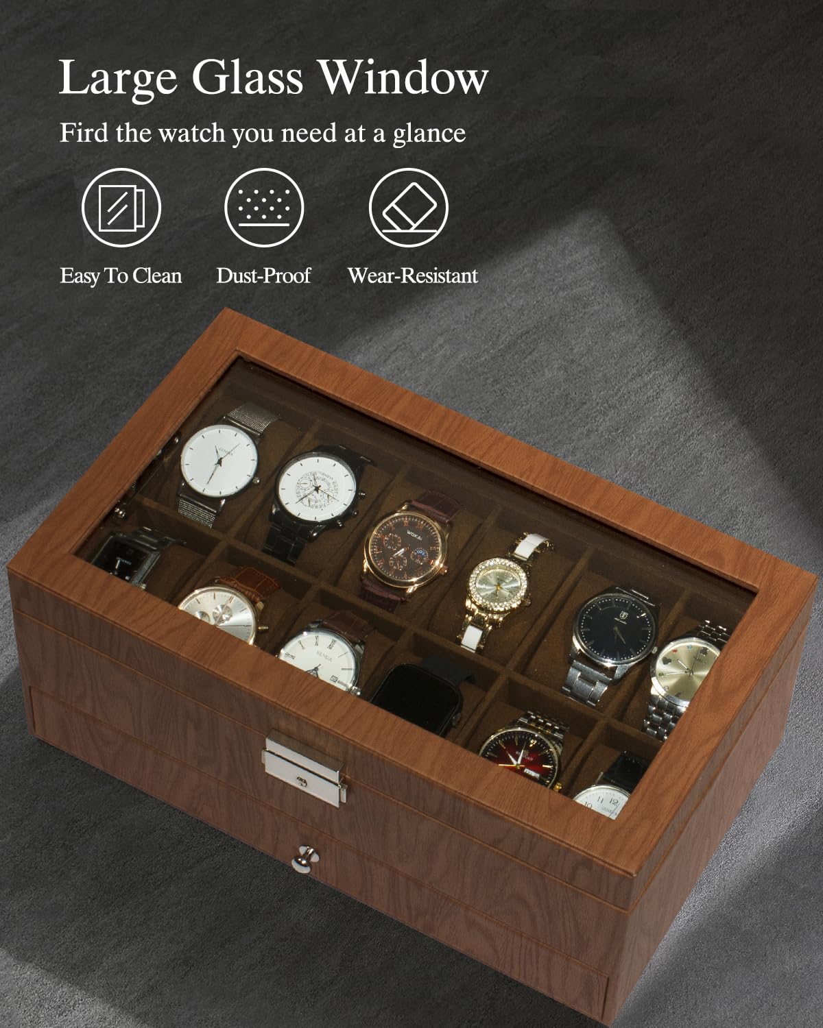Caja para Relojes, Estuche para 12 Relojes con Tapa de Cristal, Caja Doble con Cerradura para Guardar Relojes y 1 cajón para Anillos y Pendientes, Idea de Regalo.