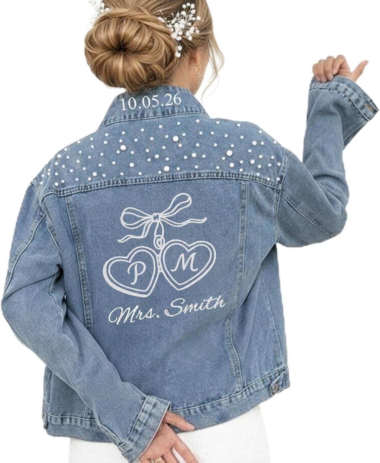 Personalized Embroidered Bride Denim Jacket, Future Mrs Jean Jacket With Pearls, Wedding gifts for Bride