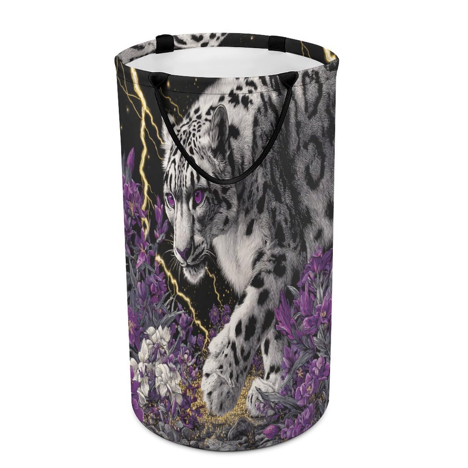 LUYYSKY Retro Abstract Snow Leopard Collapsible Dirty Clothes Basket, Colorful Beautiful Animal Leopard Purple Lily Floral Portable Clothes Storage Basket