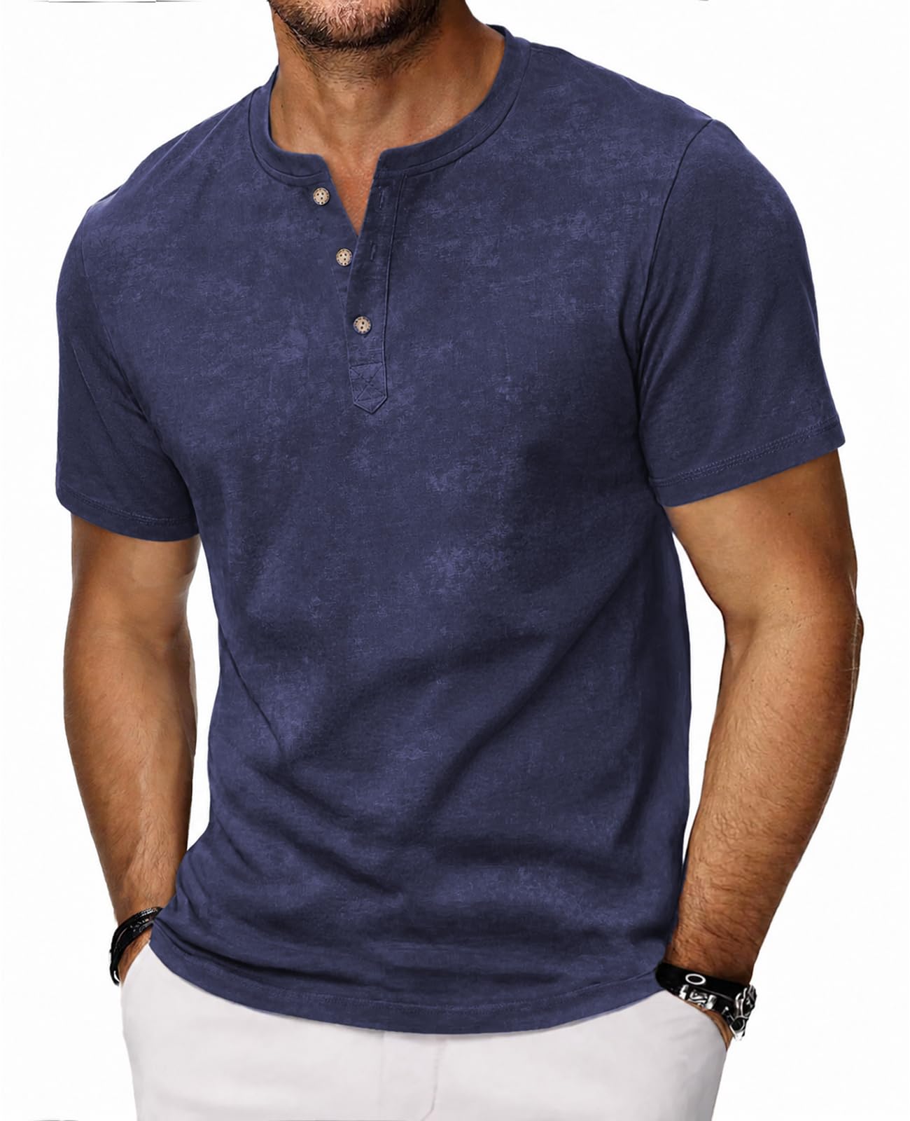 HMIYA Hemd Herren 100% Baumwolle Vintage Henley Shirt Kurzarm T-Shirts für Herren Sommerhemd Beiläufig Männer