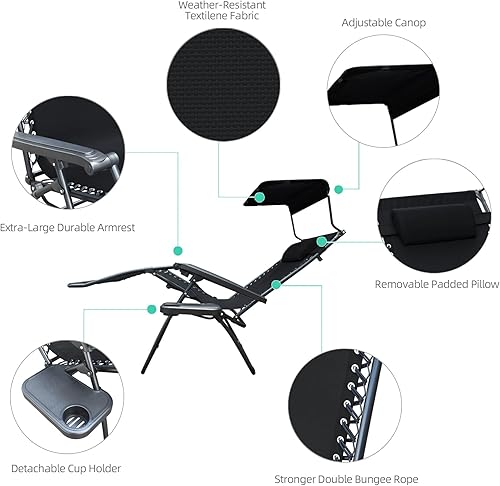 Miniatura 6 de Jeco Silla de gravedad cero de gran tamaño con sombrilla y bandeja de bebidas - Negro
