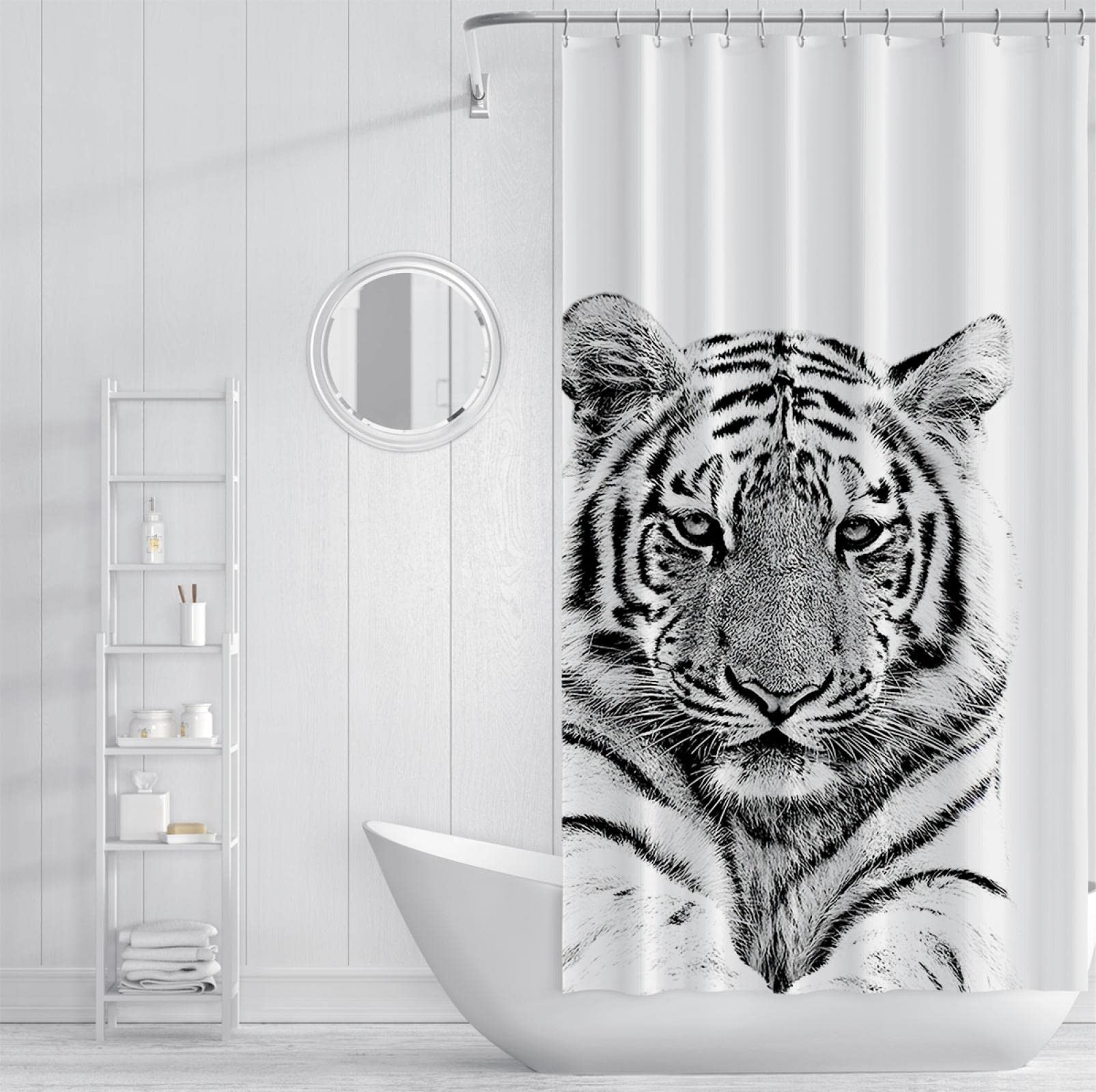 Cortina de Ducha de baño Blanca Lindo Juego de Cortina de Ducha de Cabeza de Tigre con 12 Ganchos Cortina de Ducha de habitación húmeda Cortinas de bañera limpias Impermeables W200xL240cm