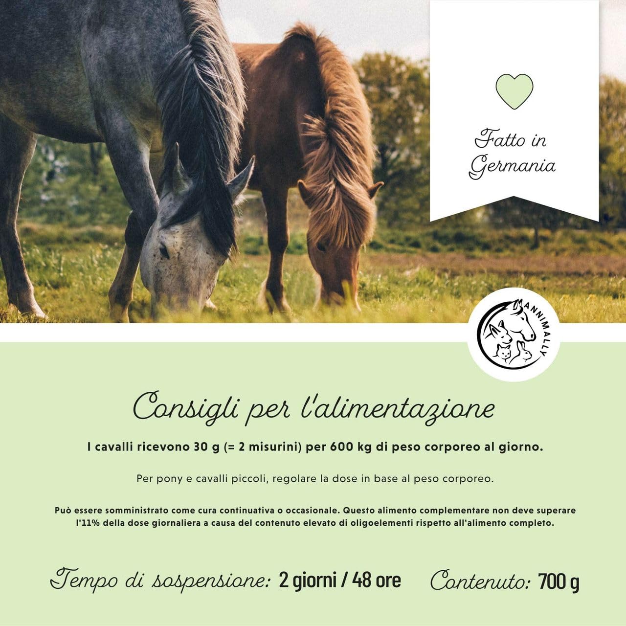 Polvere per lo sviluppo muscolare per cavalli da 700g con proteine della soia, lisina, carnitina, treonina, metionina - Integratore aminoacidico per il rafforzamento della muscolatura nei cavalli