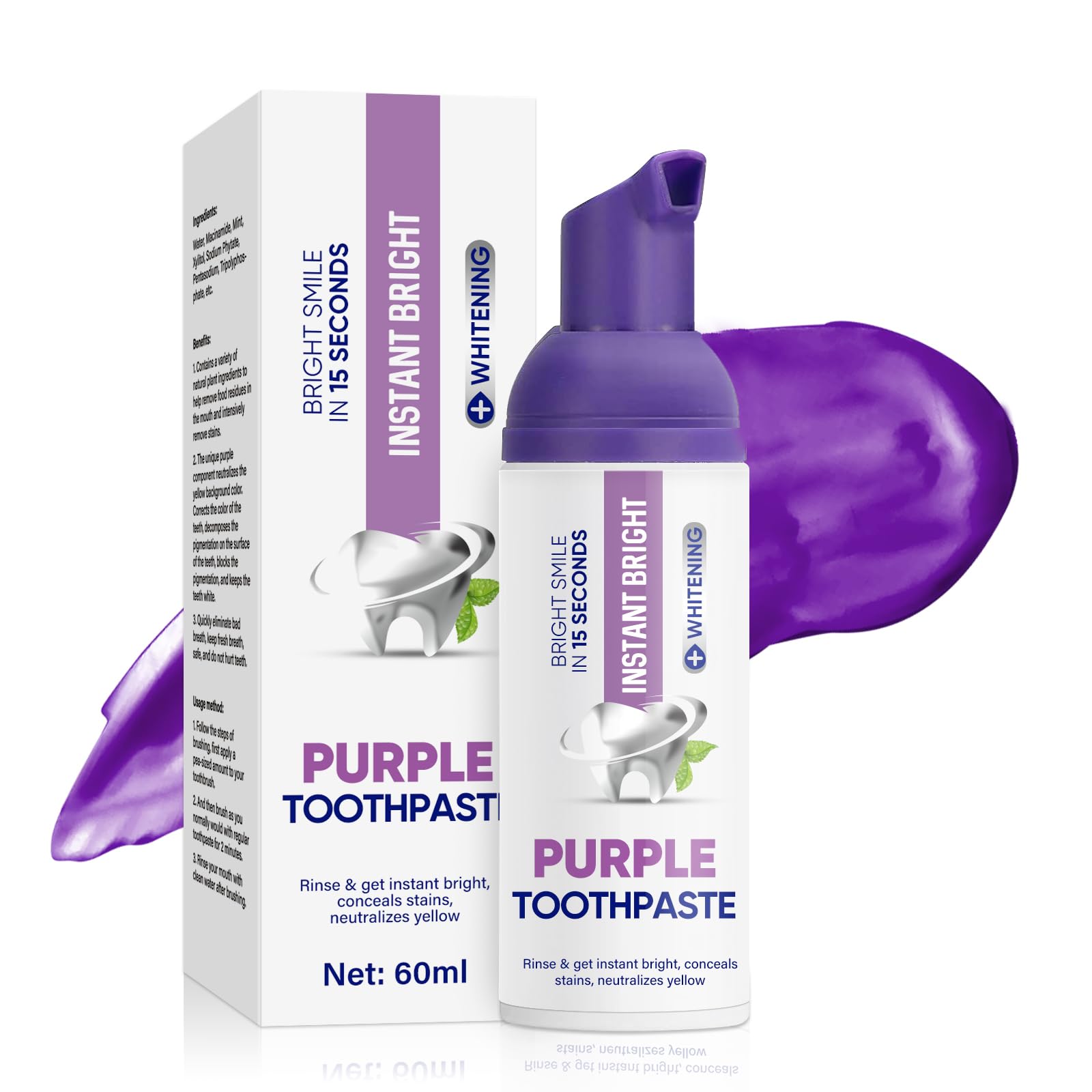 Purple Toothpaste for Teeth Whitening, Purple Toothpaste Whitening for Sensitive Teeth, Teeth Whitening Toothpaste, Tooth Stain Removal and Colour Correcting, 60ML