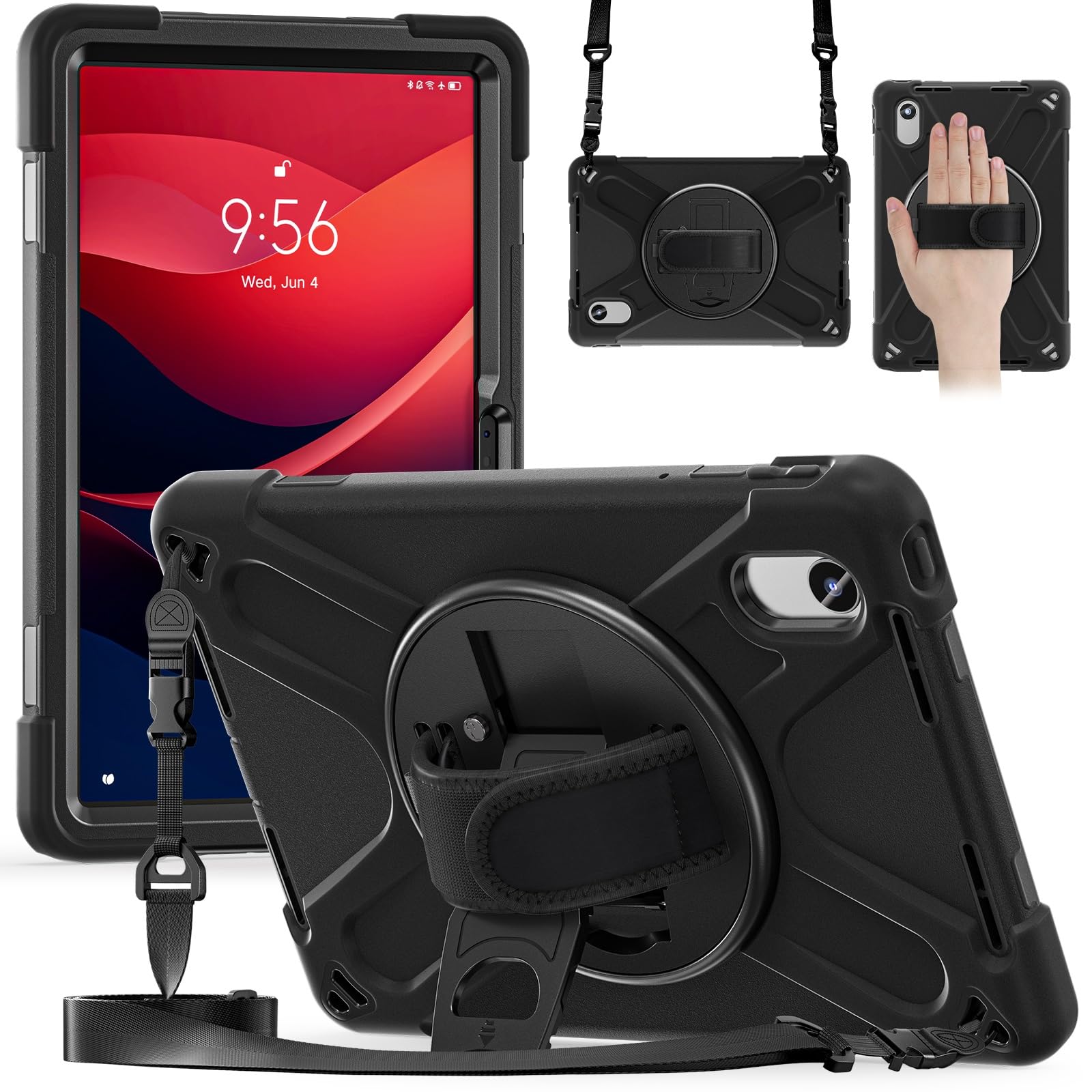 Custodia protettiva per Lenovo Tab M11 2024 TB-336FU/TB-335FU/TB-330FU/331FC/K11, resistente, robusta, antiurto, con tracolla, custodia protettiva per bambini in silicone (nero)