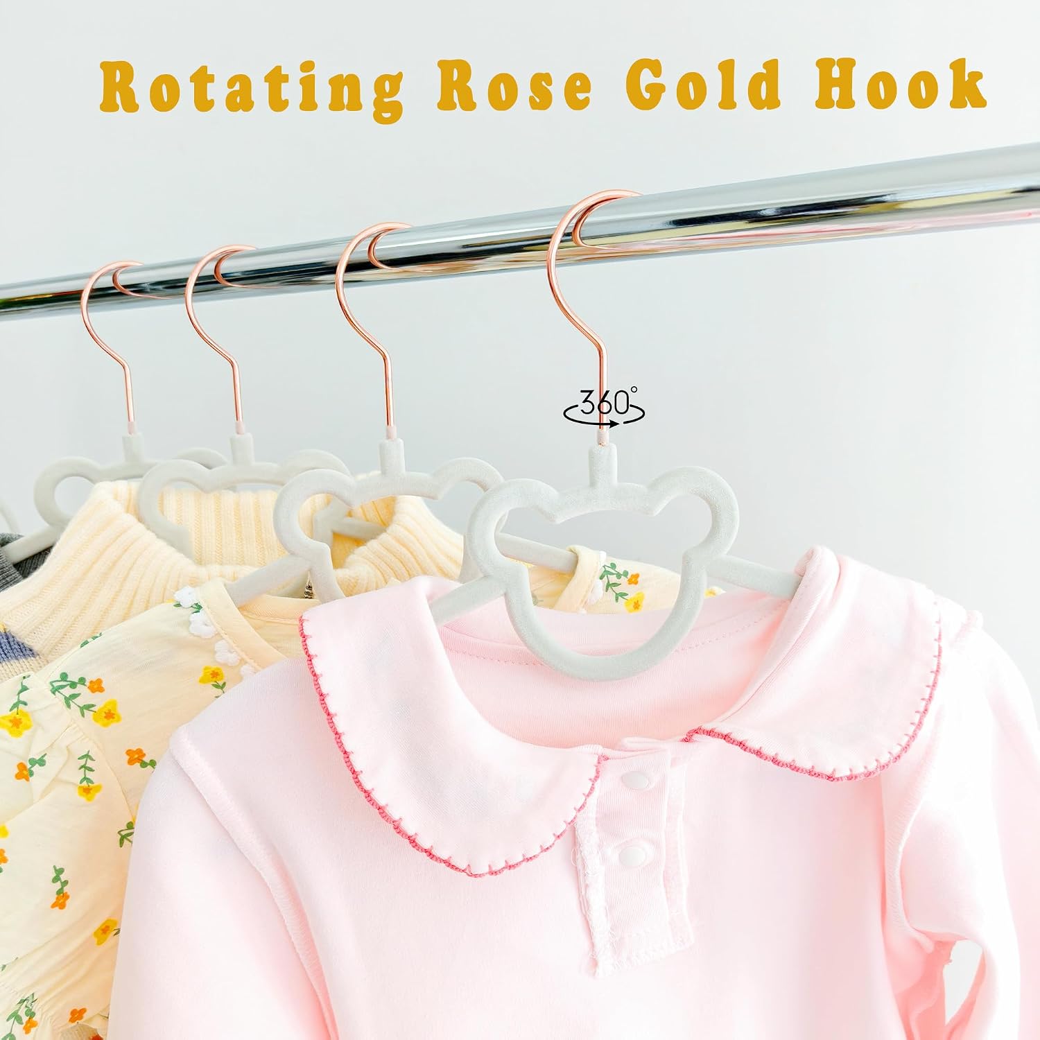 Gray Velvet Kids Clothes Hangers 60 Pack - 12.6in for Ages 4-10, with Cute Bear, Rotating Rose Gold Hook, Non-Slip, Space-Saving Slim Felt Hangers for Toddler Coats, Jackets, Dresses