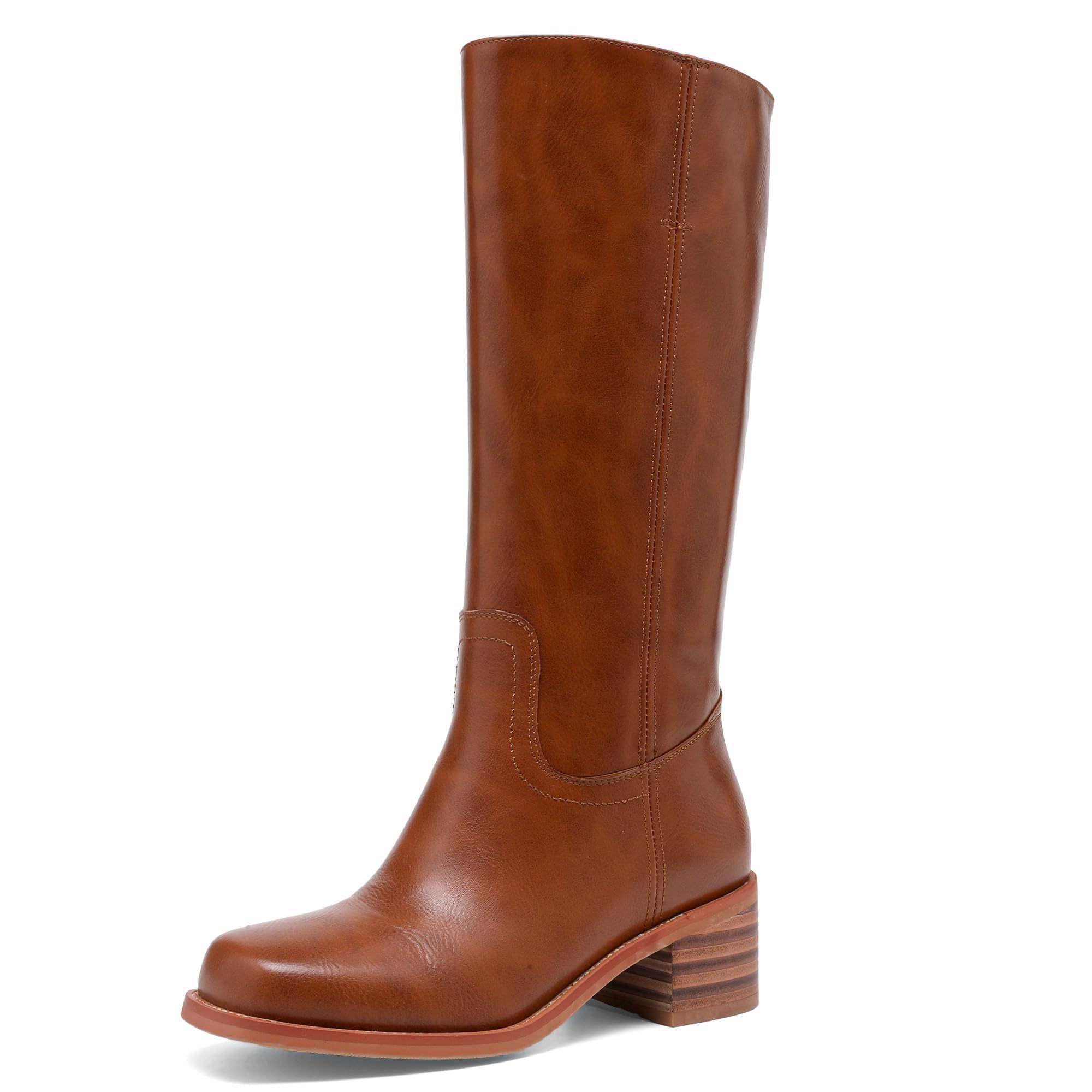 JOKACEAR Women's Knee High Boots Square Toe Chunky Block Heel Long Boots for Women Comfortable Slip on Low Heel Womens Riding Boot.