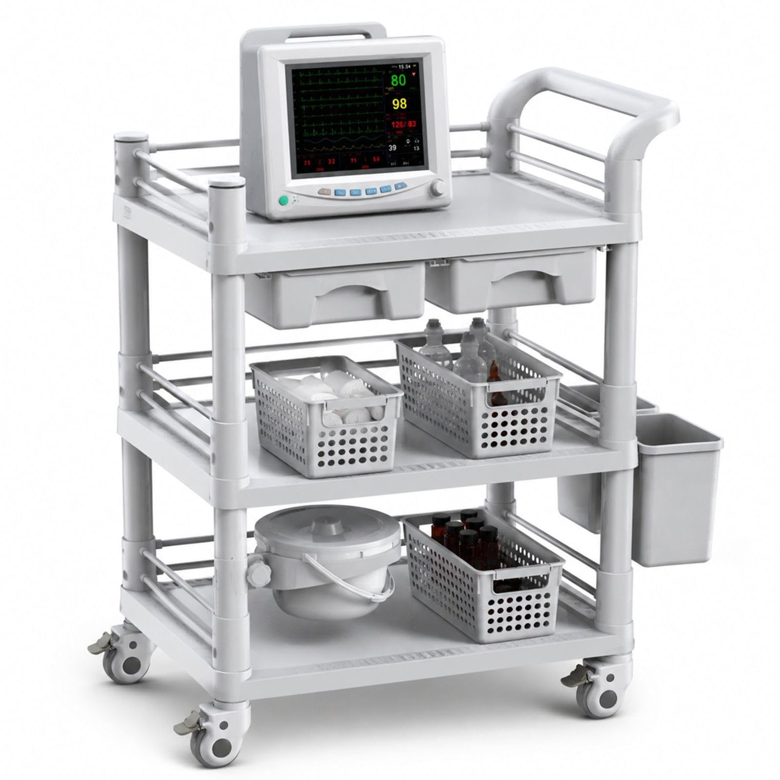 Chariot de Laboratoire Blanc à 3 Niveaux avec 3 poubelles pour Rangement et Transport