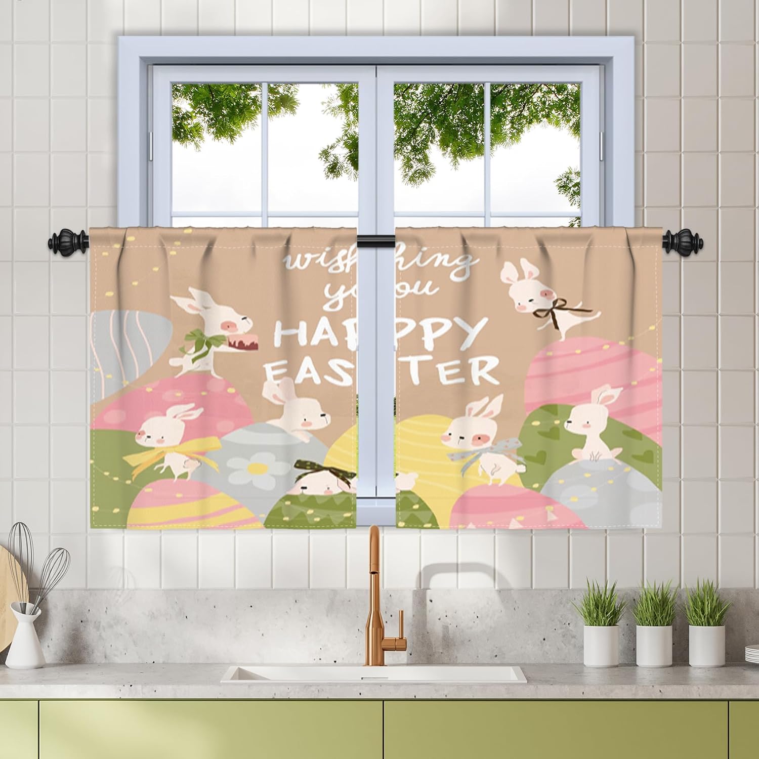 Renaiss 26 x 45 Inch Happy Easter Small Tier Curtains for Restaurant Cafeteria Easter Holiday Decorations Easter Bunny Eggs Kitchen Bathroom Rod Pocket Window Treatment Curtains Linen Fabric 2 Panels