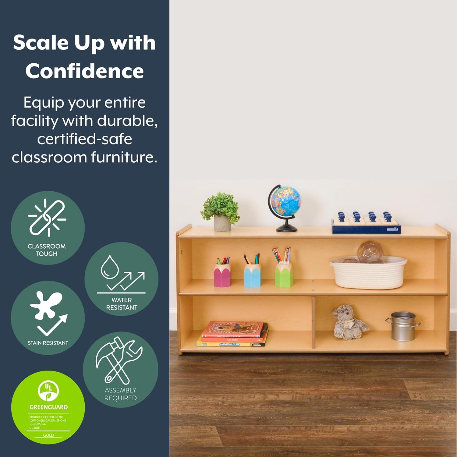 Angeles Value Line Toddler 2-Shelf Storage, 48"L x 23"H, Kids Storage Organizer, Kids Bookshelf for Classroom, Playroom, Nursery, Montessori School, Natural