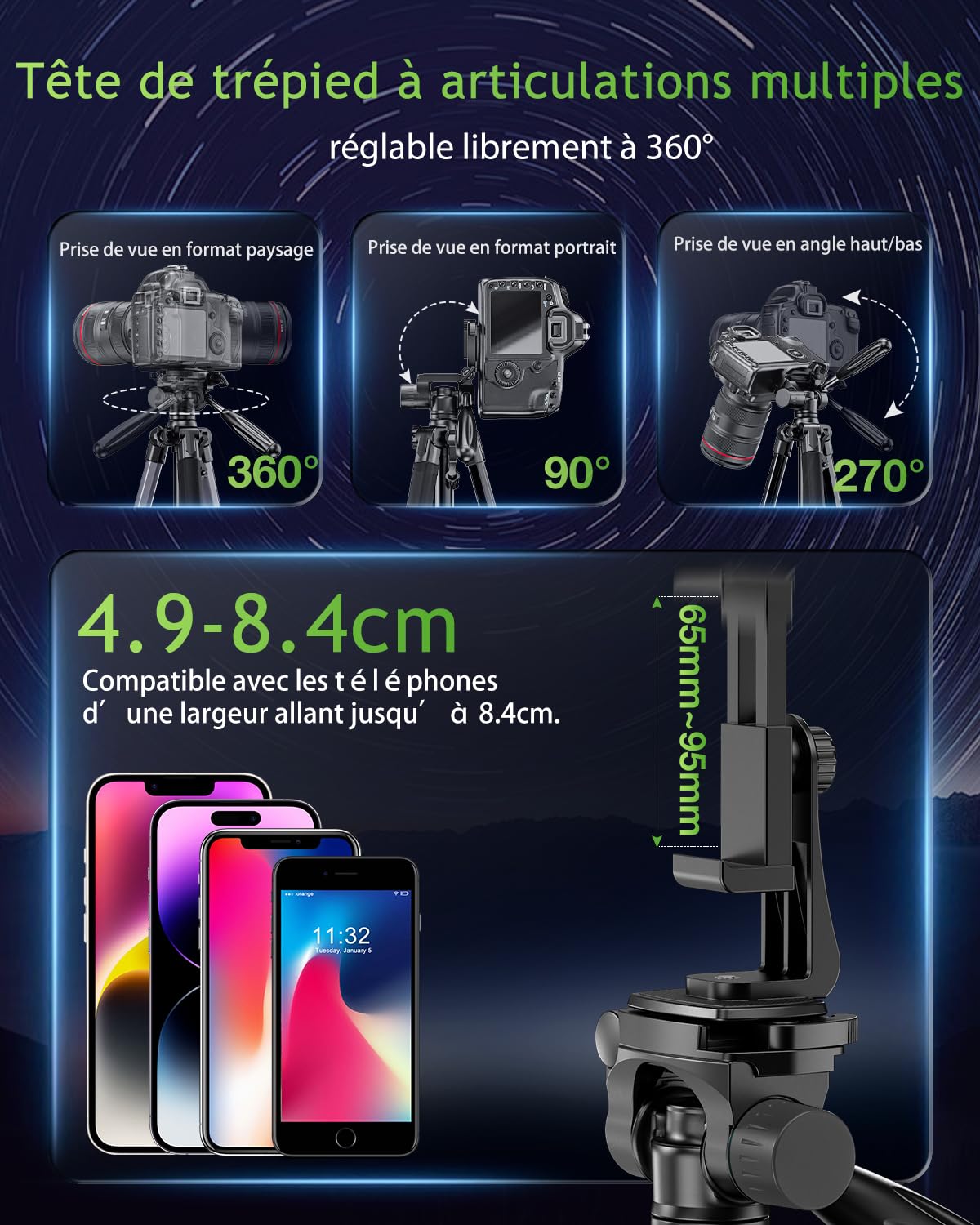 CAMBOFOTO Trépied Compact pour Appareil Photo 188 cm, Tête Panoramique 360° - Léger (1.4 kg) et Stable, Design Pliable avec Sac de Transport, Compatible DSLR/Smartphone/Caméra Vidéo (Noir)