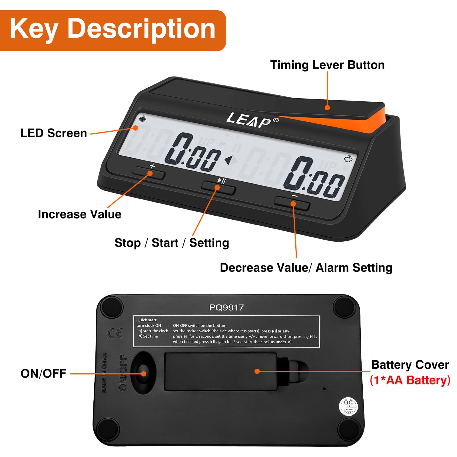 LEAP Chess Clock Upgraded Digital Clock Timer with Bonus & Delay Countdown Function for Chess and 2-Player Board Games New Black