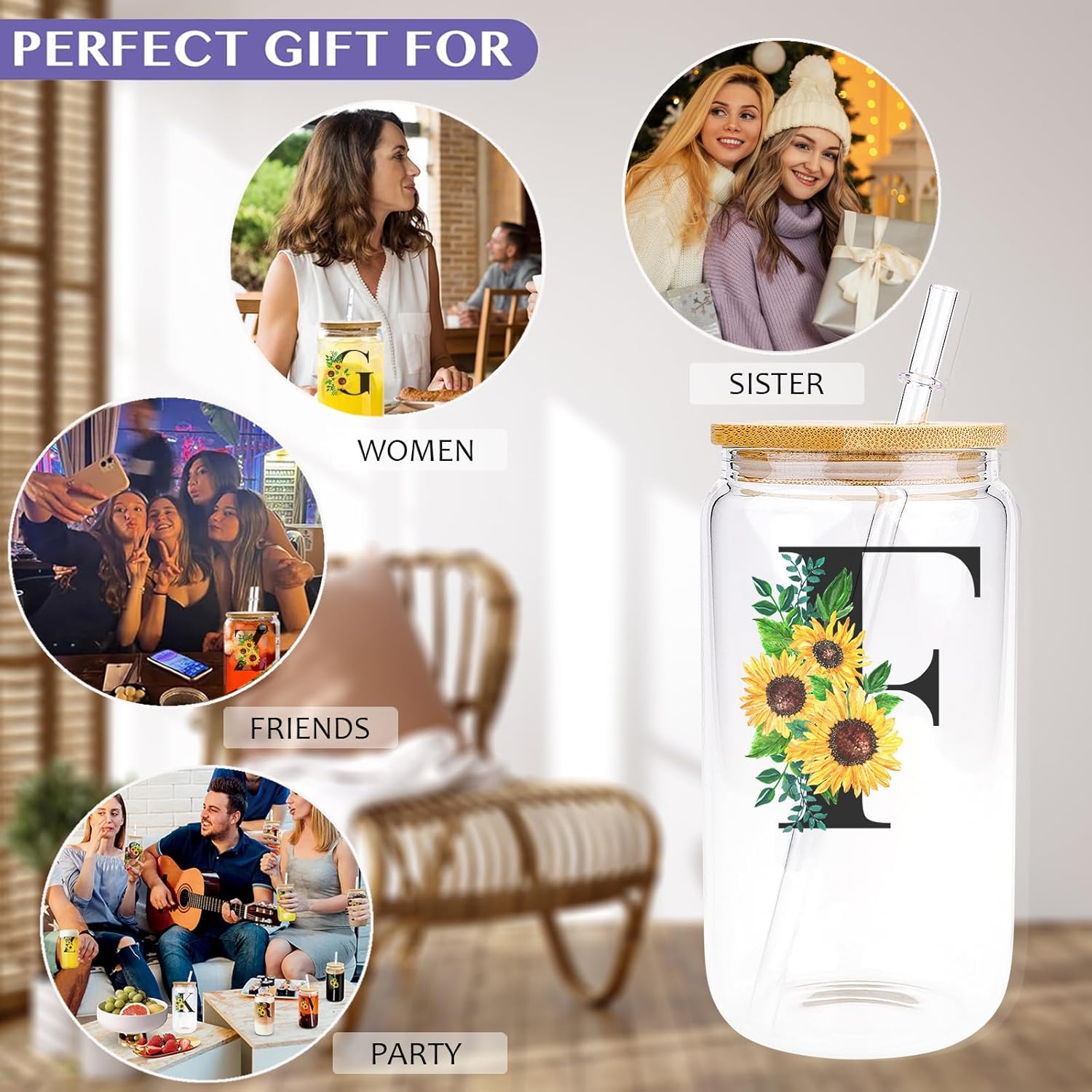 Initial Glass Cups Sunflower with Bamboo Lids and Straws,16oz Iced Coffee Mug Tumbler,Monogrammed Birthday Gifts Mother's Day Sunflower Gifts for Women,Mom,Friend,Sister - Image 6
