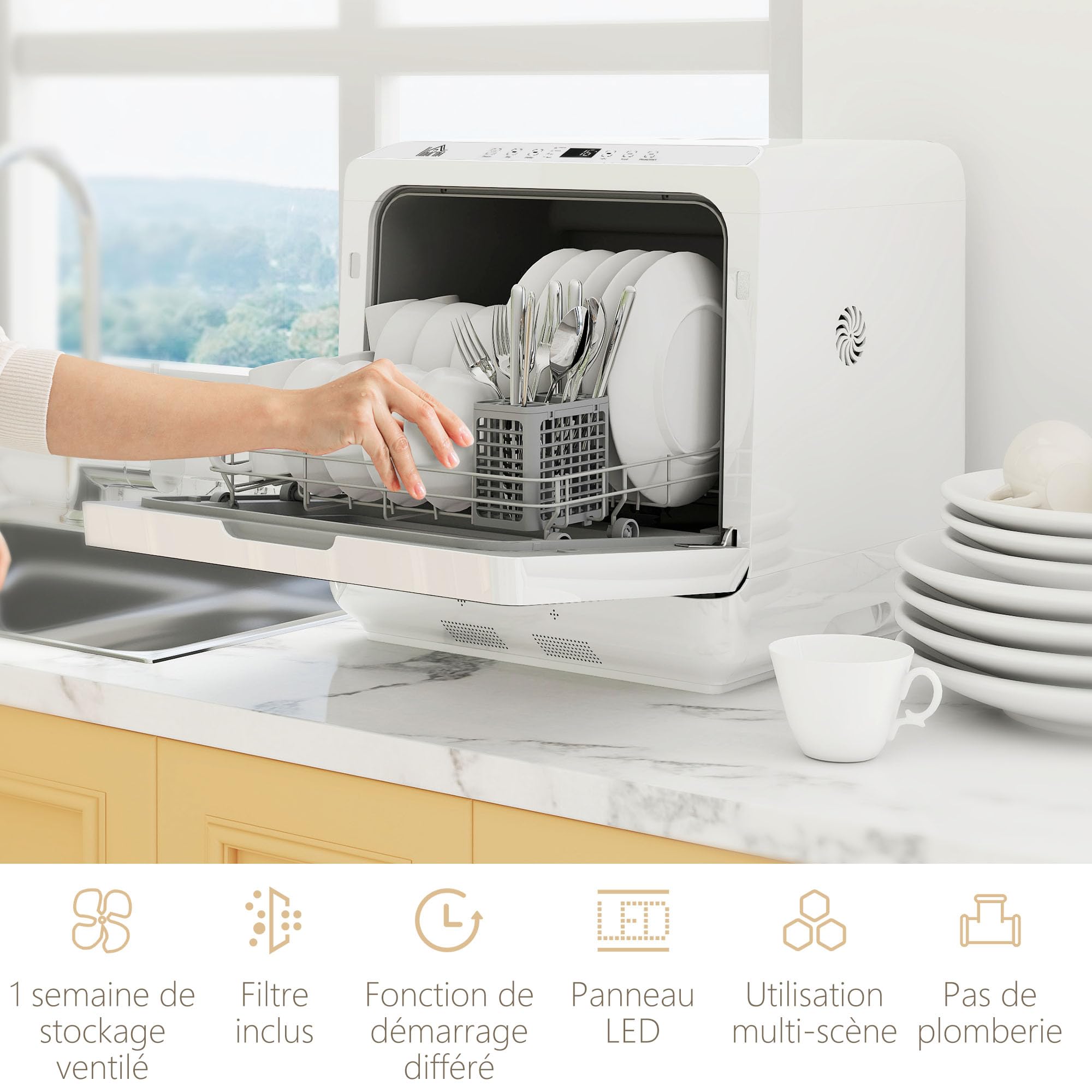 HOMCOM Mini lave-vaisselle 4 couverts, lave-vaisselle de table 5 programmes, double alimentation en eau, lavage des fruits, réservoir d'eau 6L, commande tactile, départ différé, affichage LED, blanc