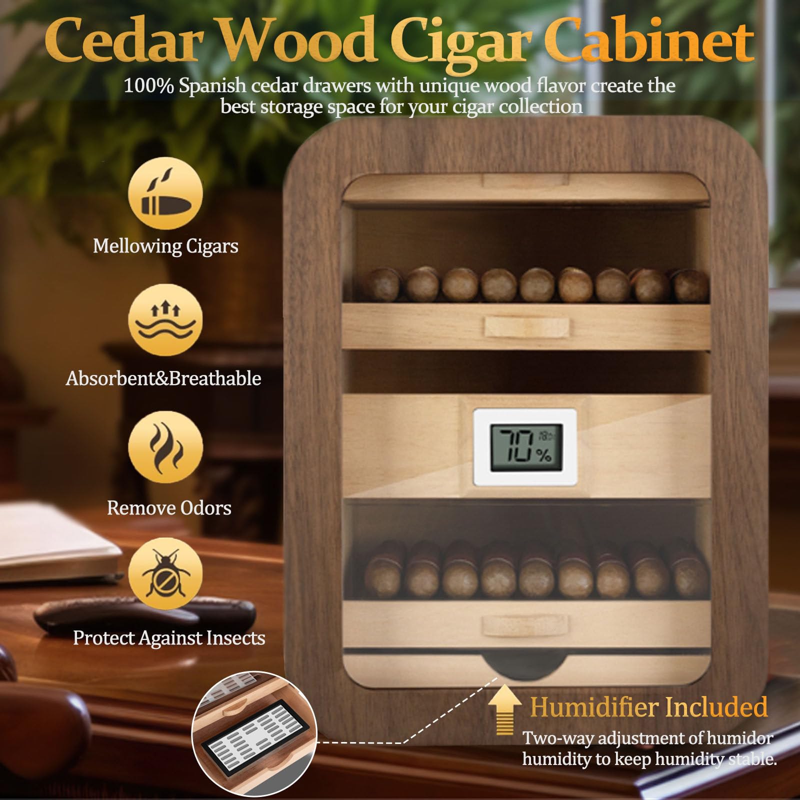 Zigarren Humidors Zedernholz mit digitalem Hygrometer, Schubladen & Luftbefeuchter, Kapazität für 110 Zigarren, ideal für Männer, Ehemann, Vater