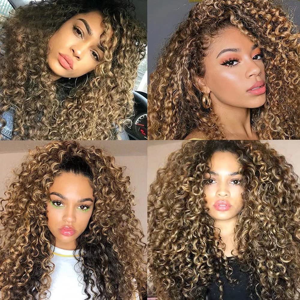 Imeya 18 Inch Ombre Highlight Blonde Brown Lace Front Wigs Human Hair 13x6 Transparent Lace Front Wigs Deep Curly Wig for Black Women Glueless 150% Density Brazilian Hair Pre Plucked with Baby Hair