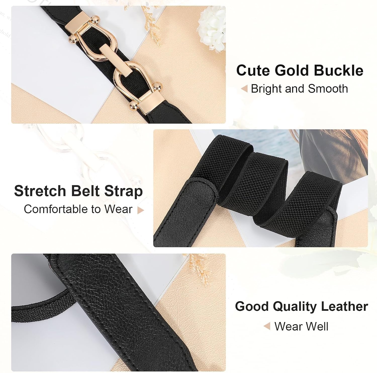Ssumday Stretchy Elastic Waist Belt for Women–4 Packs Gold Buckle Skinny Belt Set–Soft Leather Fashion Accessory