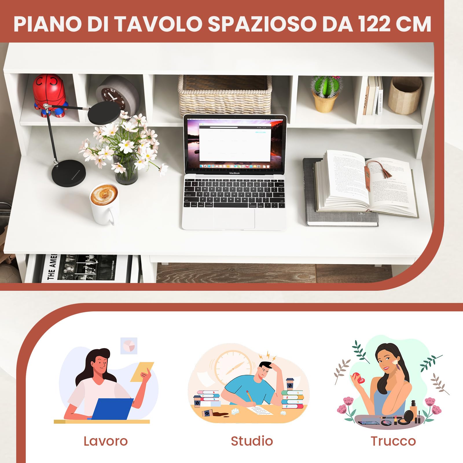 COSTWAY Scrivania Salvaspazio con Libreria, 5 Vani e 2 Cassetti | Scrivania per Computer Moderna da Ufficio e Casa, Bianco