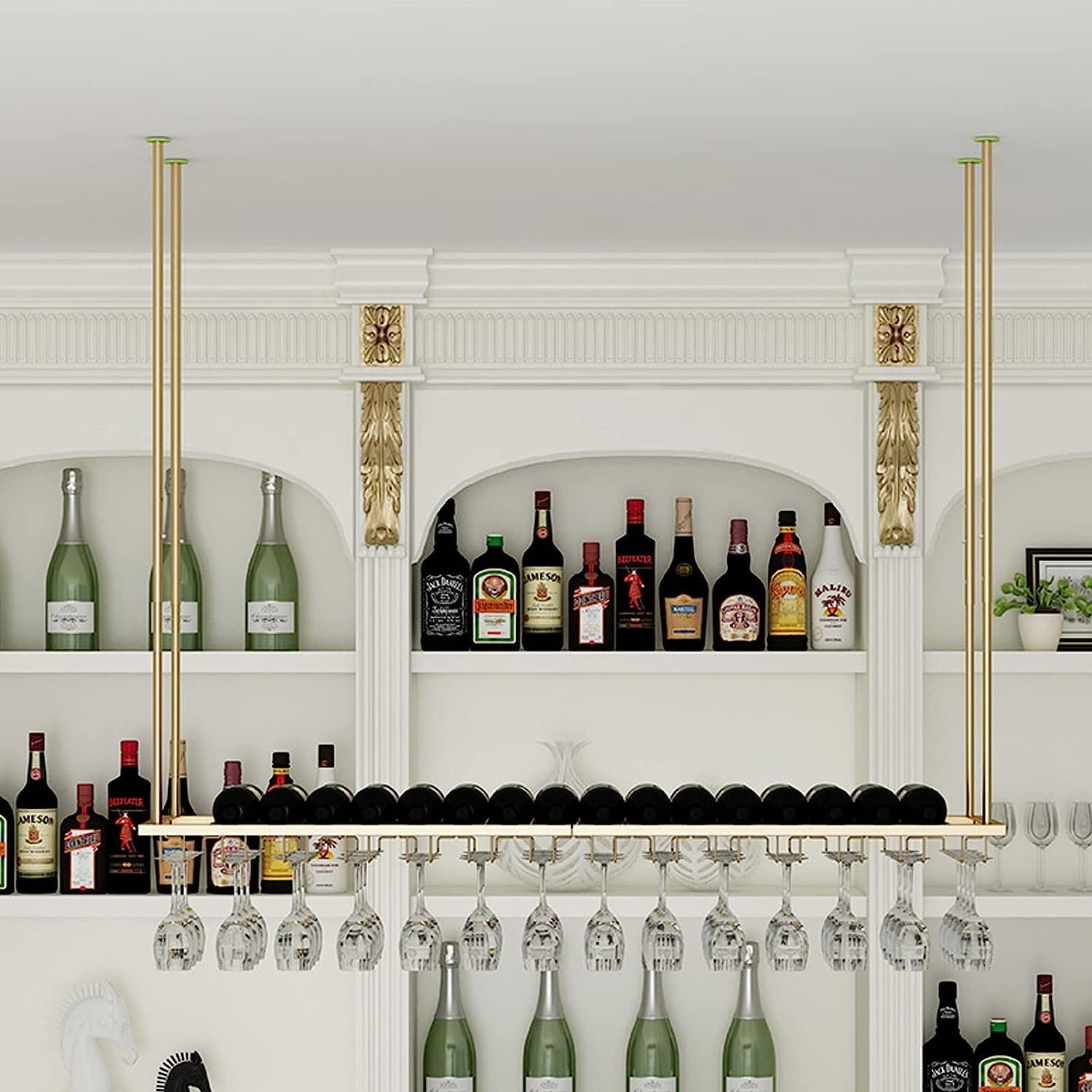 Casier à vin double fonction avec porte-verre suspendu robuste