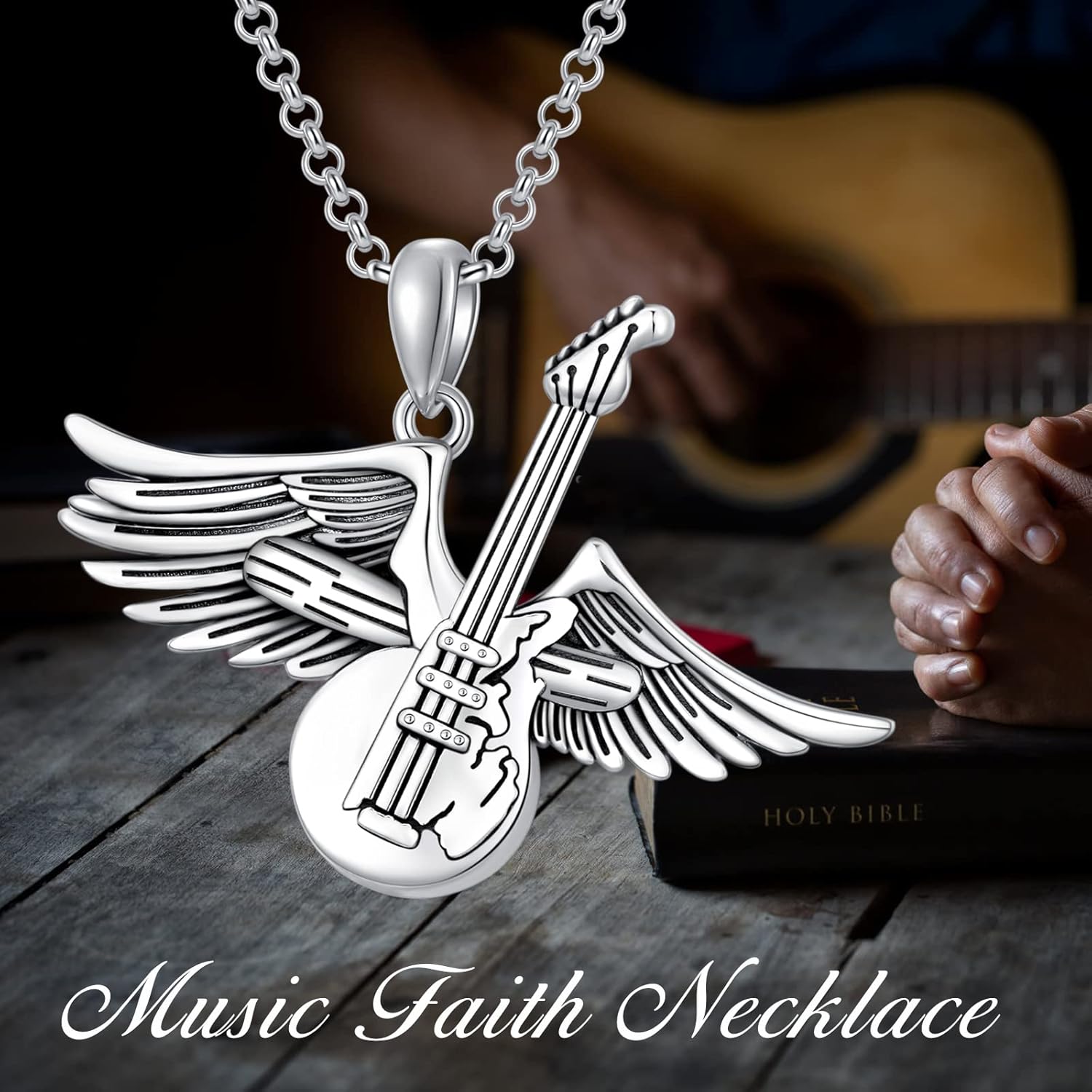 PELOVNY Christmas Gifts Angel Wing Necklace Music Cross Necklace 925 Sterling Silver Guitar Pendant Musical Symbols Jewelry Gifts for Music Lover Mother - Image 3