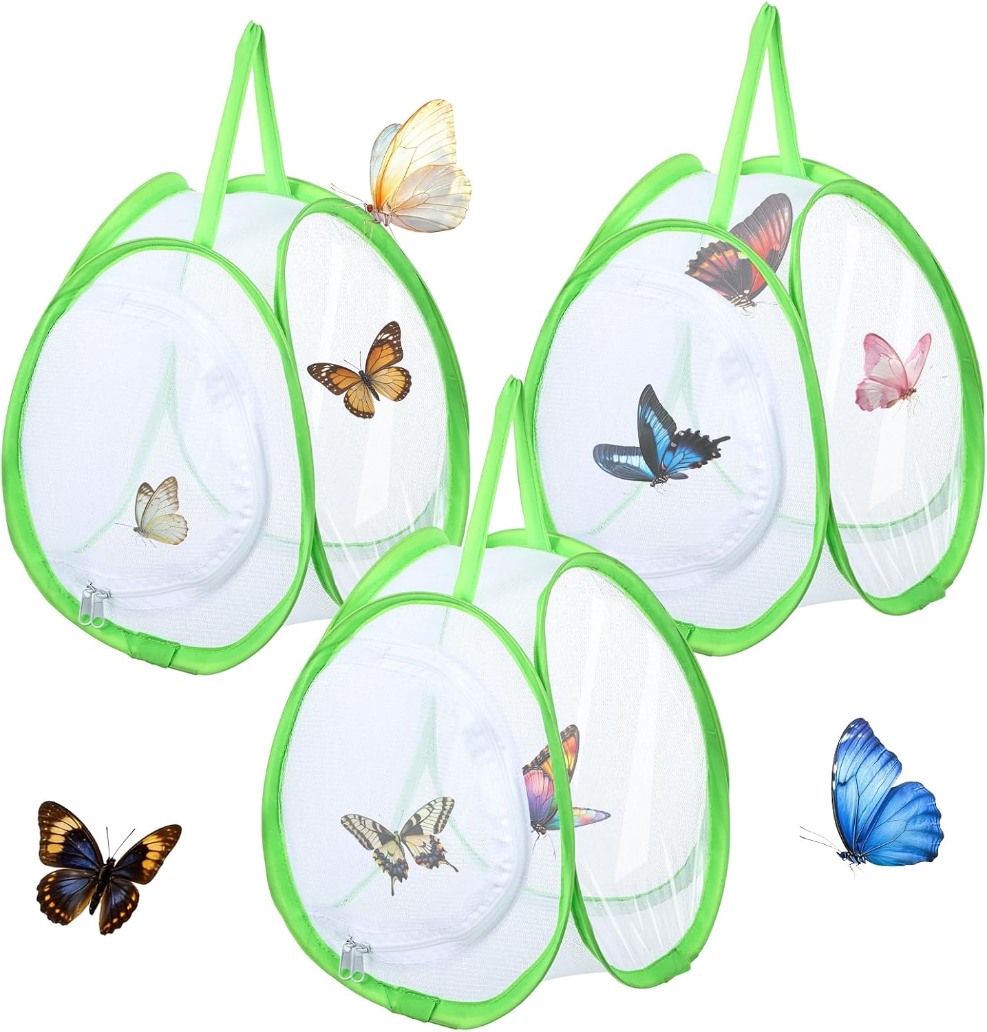 3 PCS Mini Butterfly Habitat Cage Foldable Insect Mesh Cage with Handle & Zipper Portable Butterfly Net Habitat Bug Terrarium for Transporting and Raising Critter Cage Easy to Observe, 10x 8.8x8Inch