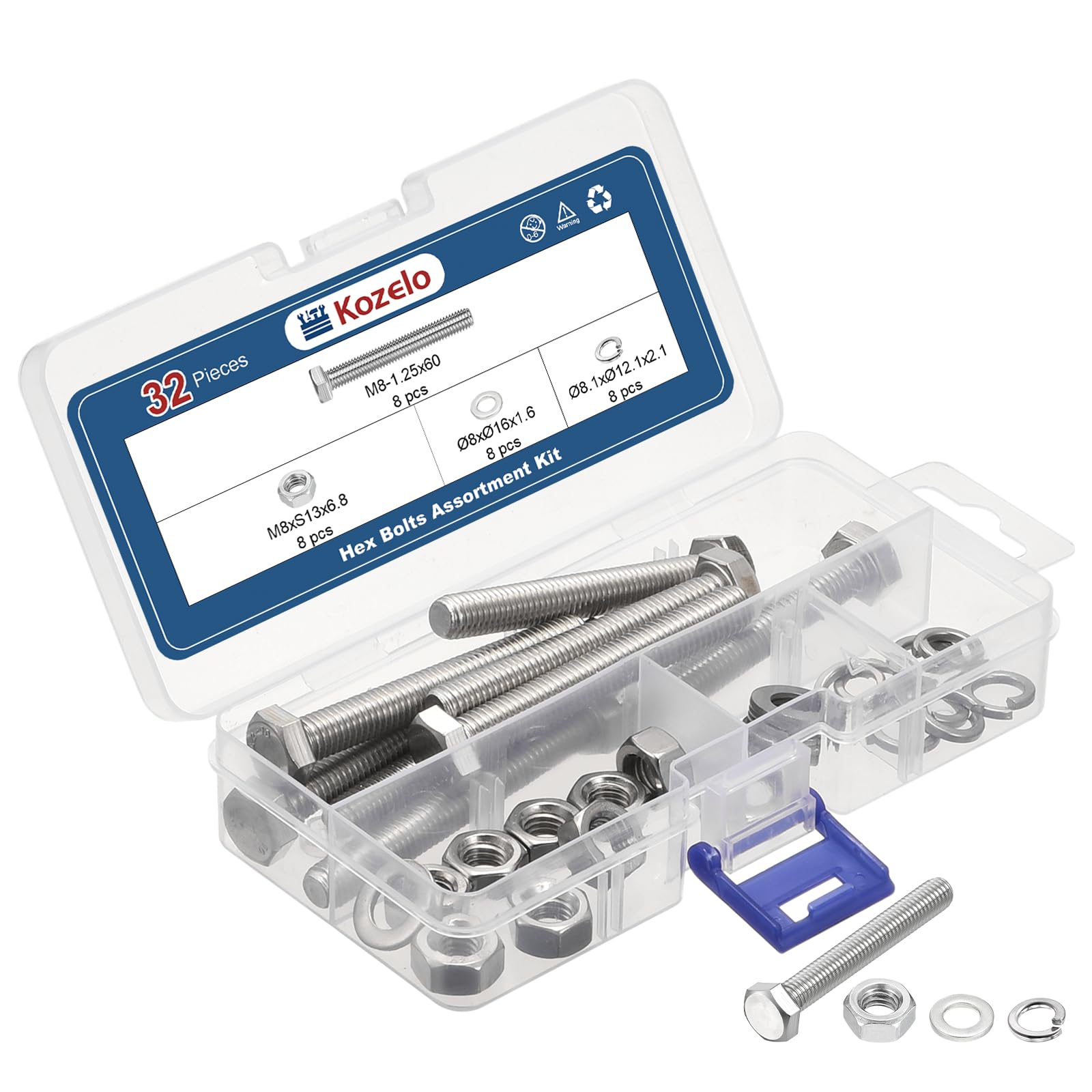 Kozelo 32 Pcs Bolts and Nuts Washers Kit - [M8-1.25x60] 304 Stainless Steel Hex Tap Bolt Assortment Fully Threaded Hexagon Head Machine Bolts Right Hand External Hex Drive, Silver Tone