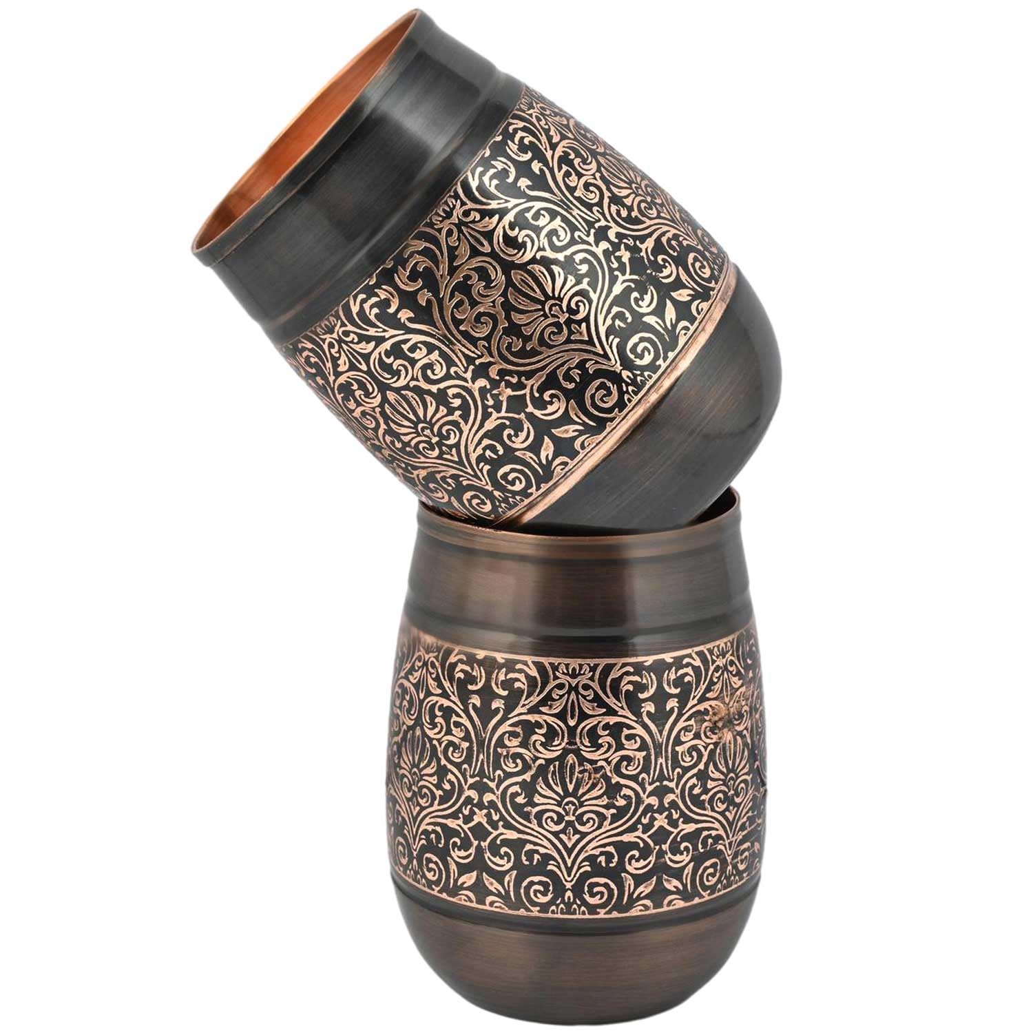 ANCIENTIMPEX Set di 2 bicchieri in rame, motivo floreale, capacità 250 ml, per benefici ayurvedici per la salute (a botte).