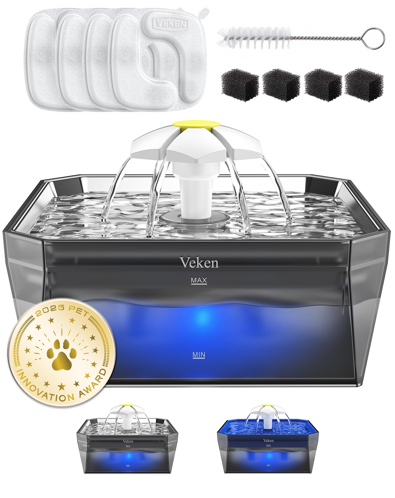 Veken Small Pet-Friendly Cat Water Fountain with Stainless Steel Lid & Quiet Pump, Easy to Clean & Assemble, 50oz Mini Pet Water Dispenser with 4 Replacement Filters & 4 Pre-Filter Sponges, Silver