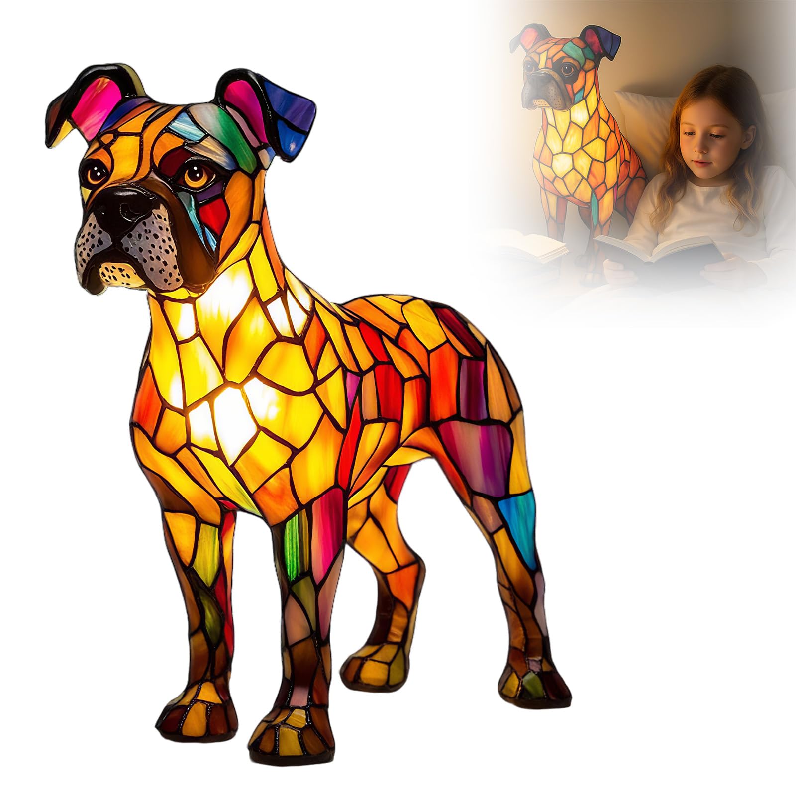 Wongify Pug Lamp Stained, Dog Series Art Night Light, Stained Resin Animal Table Lamp for Bedroom Living Room Desk & Bedside Home Decor (Boxer Dog Lamp)