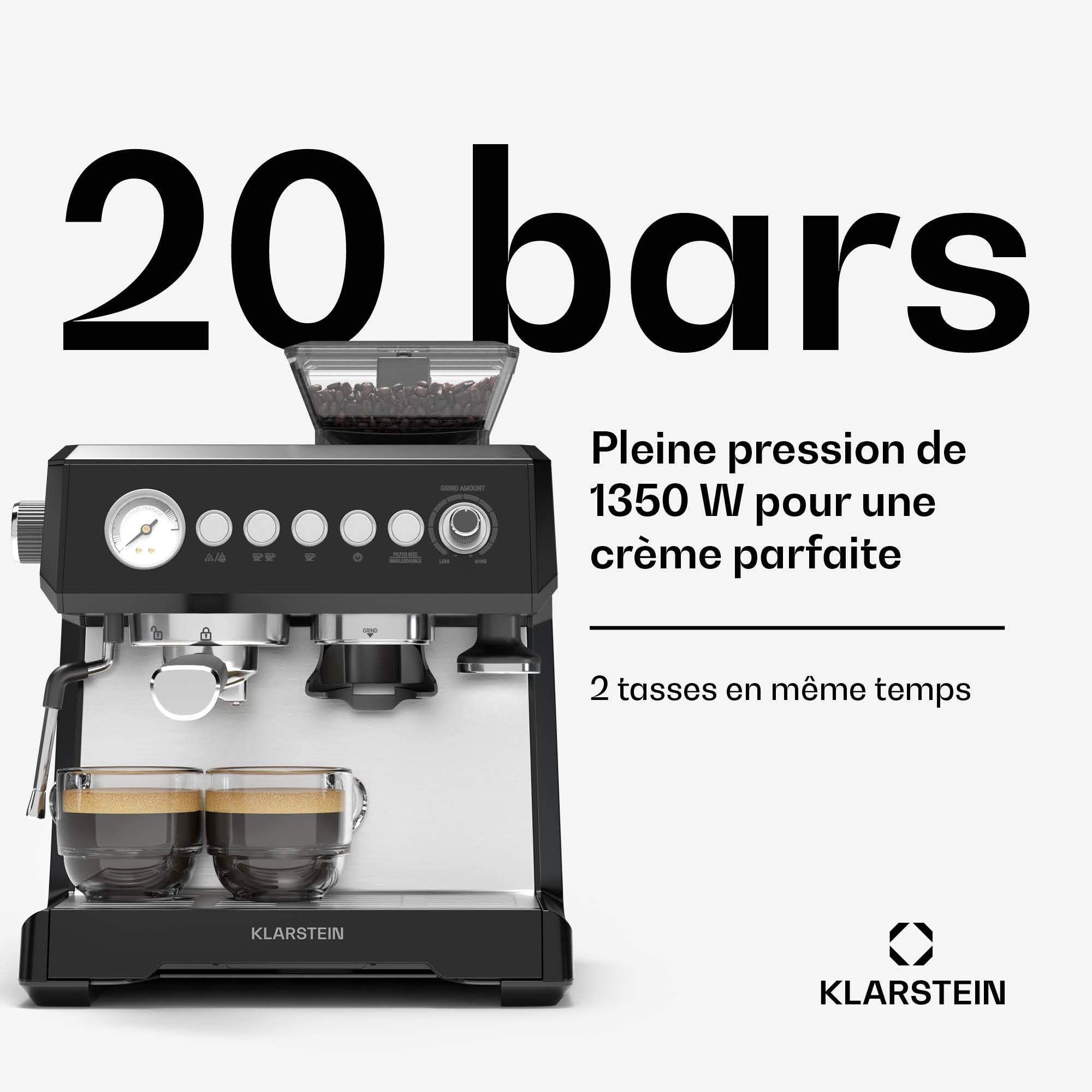 KLARSTEIN GrandPresso Machine à Café Grain – 20 Bars, 1350W, Moulin Intégré, Buse Vapeur, Réservoir 2.3L, Noir, Cafetière à Grain avec Broyeur, Design Compact, Facile à Nettoyer