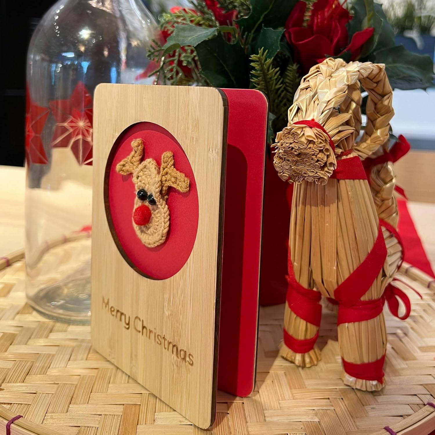 Wooden Christmas Deer Greeting Card,Handmade Card with Knitted Rudolph, Merry Christmas Card For Friends,Family,Kid or wife
