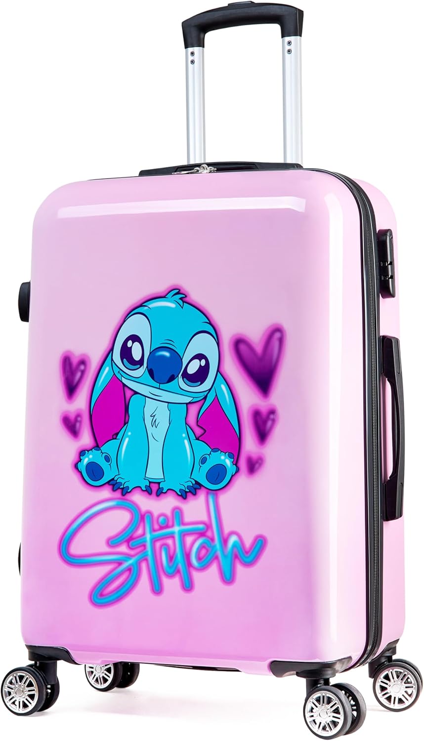 Disney Stitch Suitcase Set or Individual, Hard Shell Suitcase with Wheels 28L, 50L or 91L, 4 Wheels (Pink Stitch Medium)