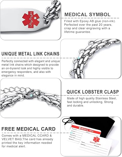 Miniatura 5 de JF.JEWELRY Pulseras de identificación médica personalizadas para mujeres y hombres Pulsera médica personalizable de acero inoxidable Pulsera de