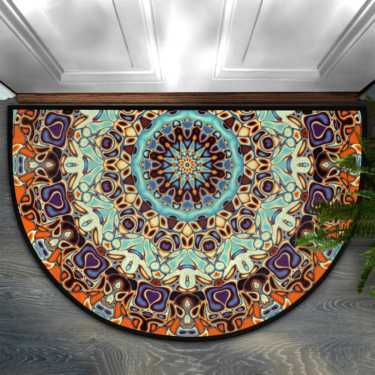 OHIKUETY Boho Mandala Half Round Door Mat - Non-Slip TPR rubber Half Circle Area Rug, Durable Half Moon Rugs for Outdoor and Indoor Home Entrance,