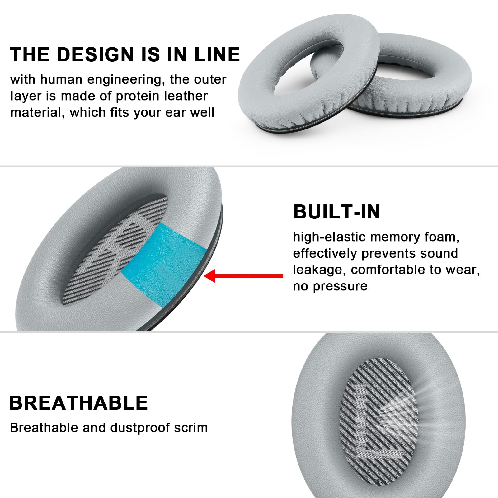 Coussinets D'oreille Pour Bose Quiet Comfort 35 II Casque Circum-aural De Remplacement, Cuir Protéiné Mousse Coussin Pour Quiet Comfort 15 QC15 QC25 QC35 Ae2 Ae2w Ae2i, Noir