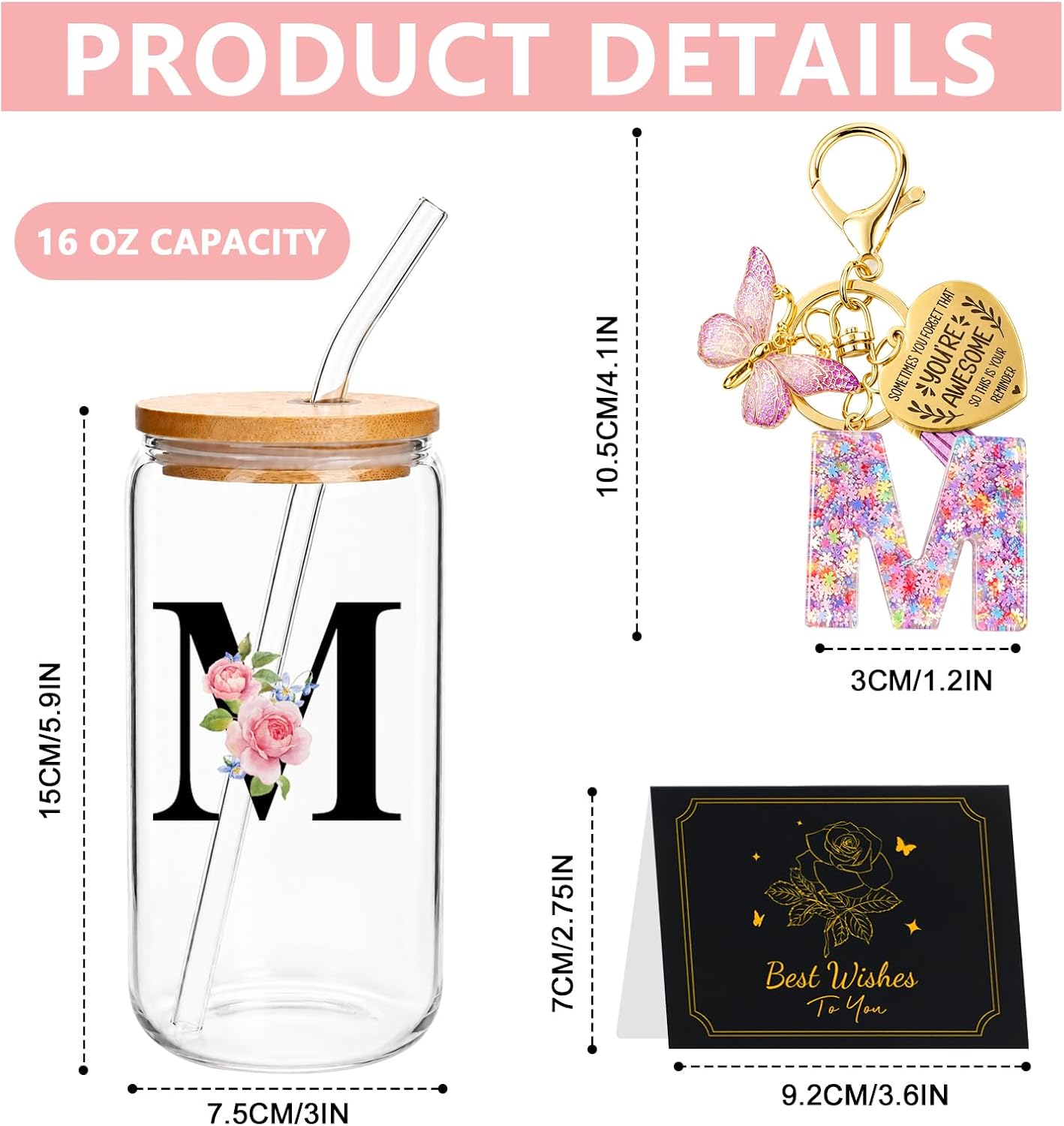 Monogrammed Gifts for Women Initial Glass Cup with Lid and Straw & Initial Letter Keychains, 16oz Iced Coffee Drinking Glass Tumbler,Personalized Tumbler Birthday Gifts for Women Girl Her Mom Friend
