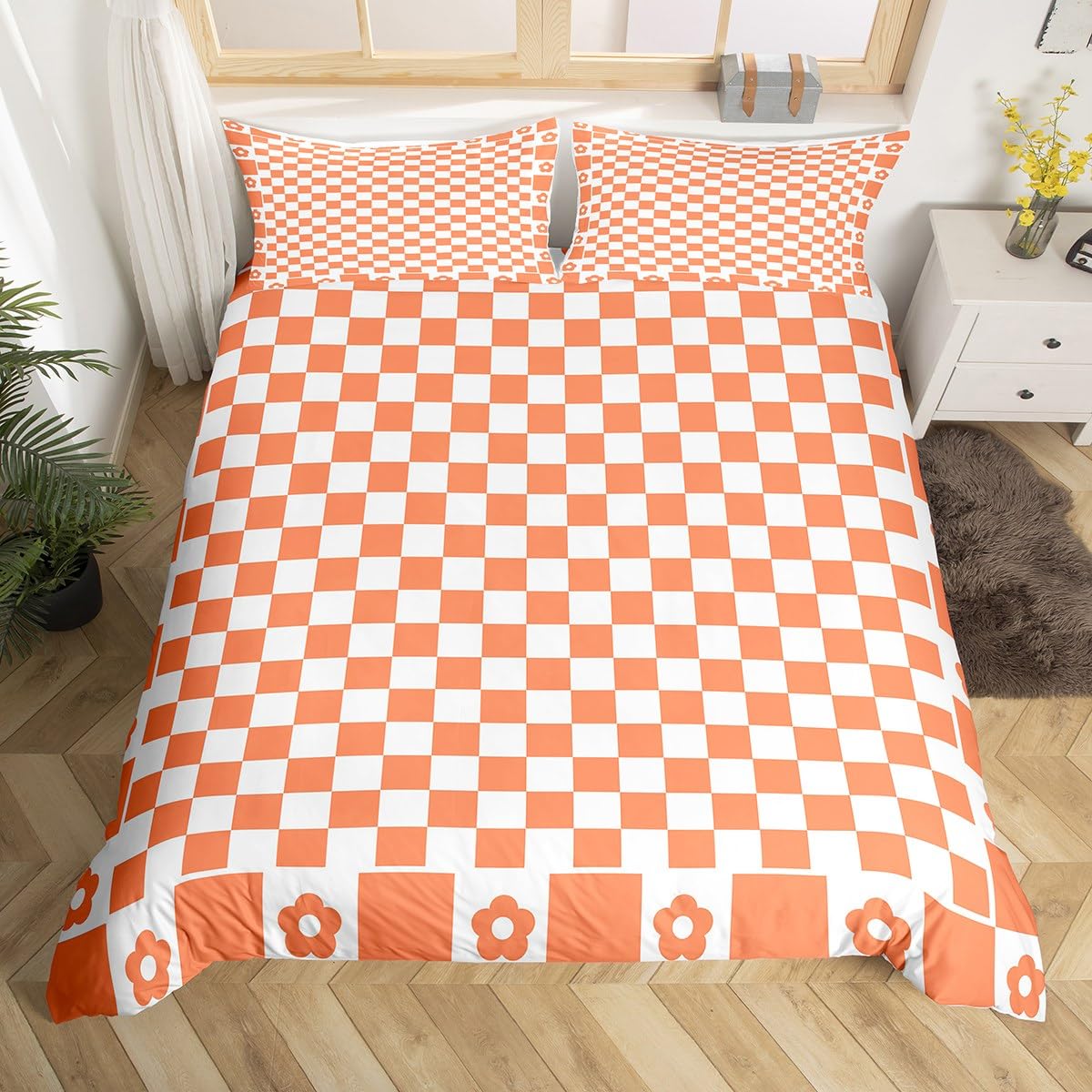 Checkered Lattice Duvet Cover Set Toddler Size,Geometric Plaids Grids Squares Bedding Set,Boys Girls Room Decor,Cute Daisy Cartoon Flowers Comforter Cover,Orange Quilt Cover,1 Pillowcase(No Filler)