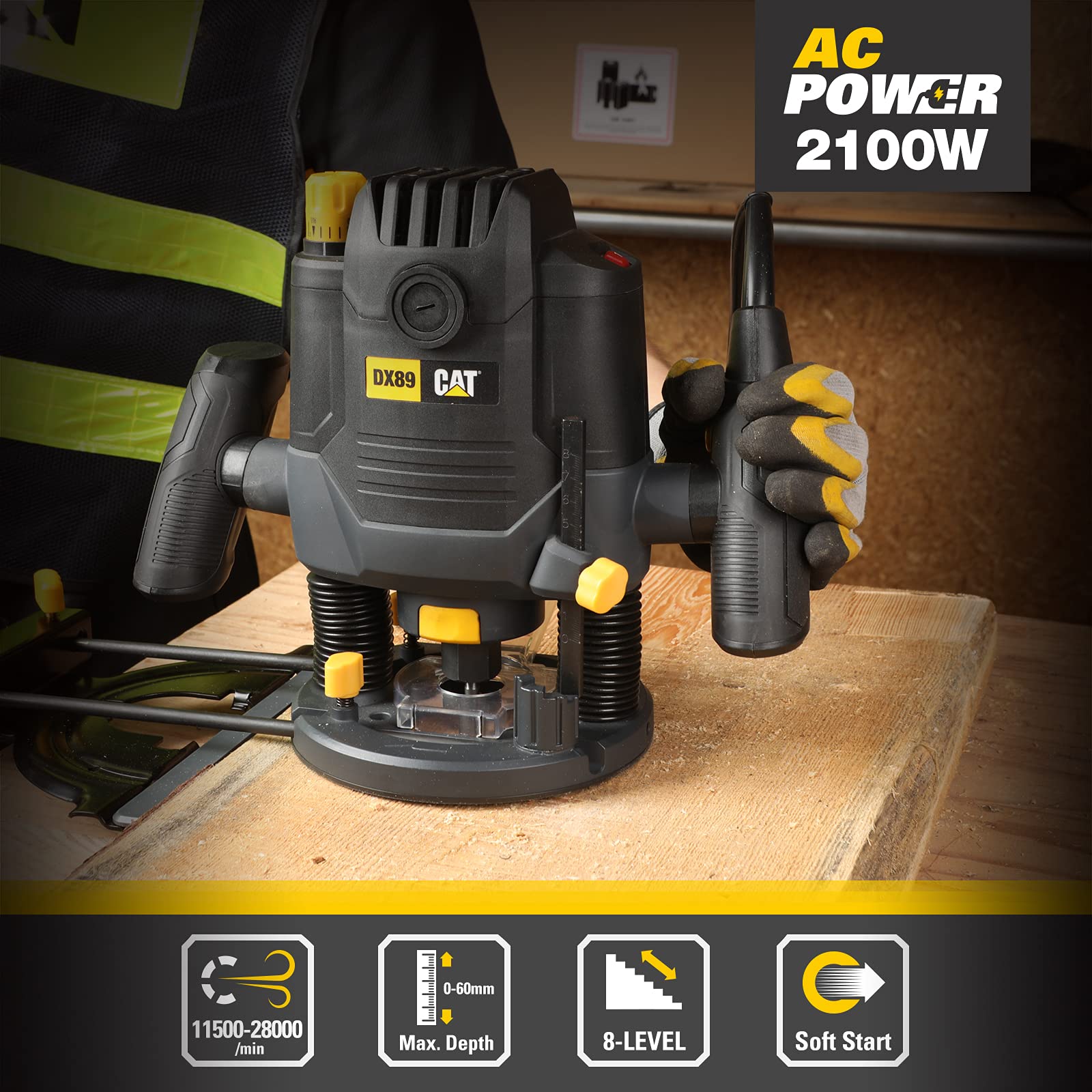 CAT Caterpillar DX89 - frezarka górnowrzecionowa, 3 x tuleja zaciskowa, 2100 W, technologia wrzeciona Lock, w zestawie akcesoria