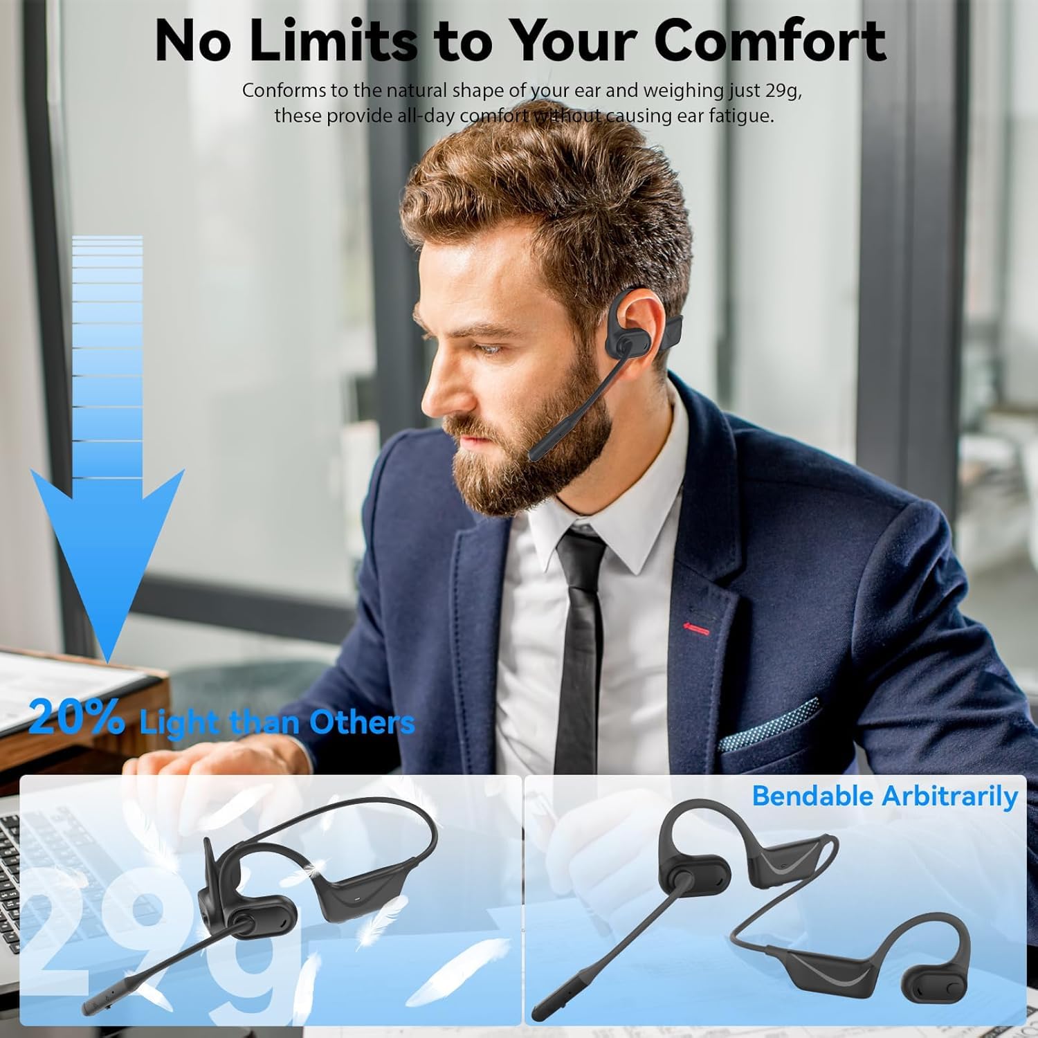 Bluetooth Headset mit Mikrofon Stummschalttaste, Multipoint-Verbindung, 29g | Bluetooth 5.4, Open-Ear Design,Rauschunterdrückendes Mikrofon für Büro, Meetings, Fahren, Typ-C-Aufladung