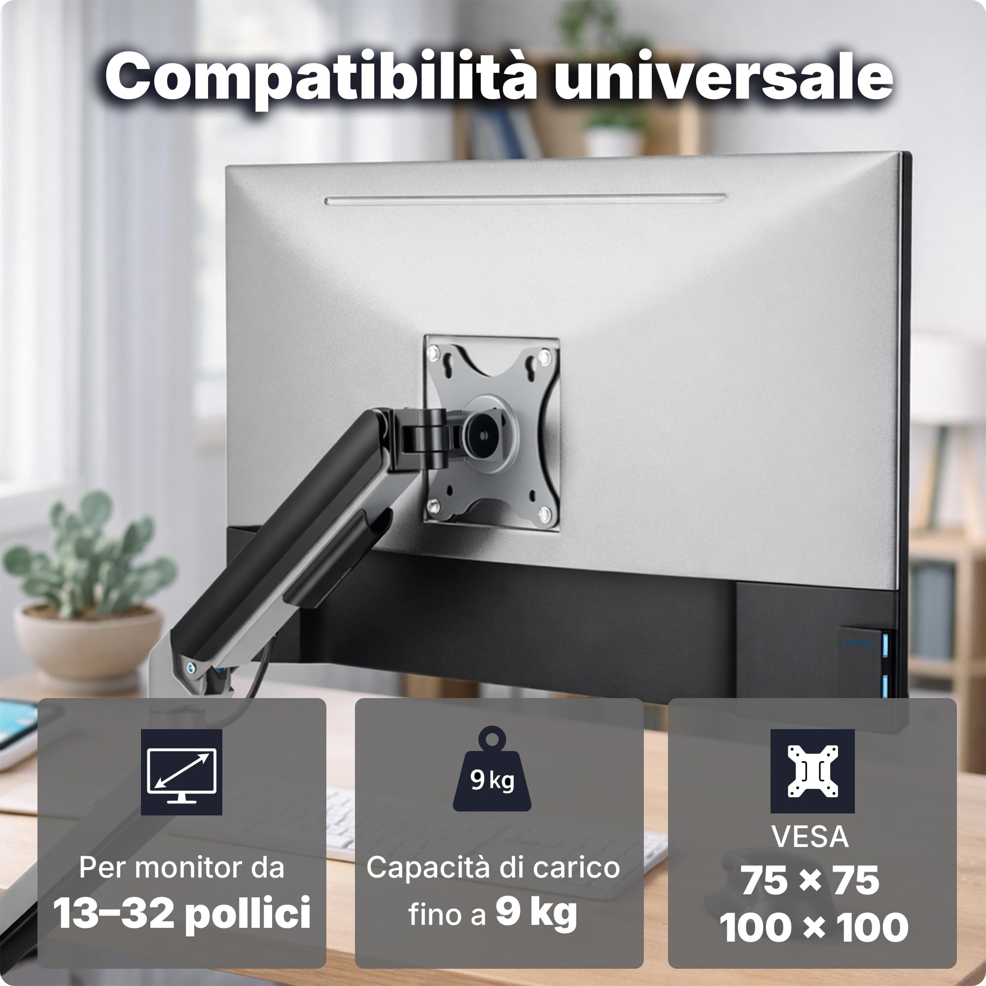 3IDEE Supporto 1 monitor da scrivania per monitor 17-32 pollici - regolabile in altezza, stabile fino a 9 kg - design sottile in alluminio - inclinabile, ruotabile, orientabile - VESA 75x75 e 100x100