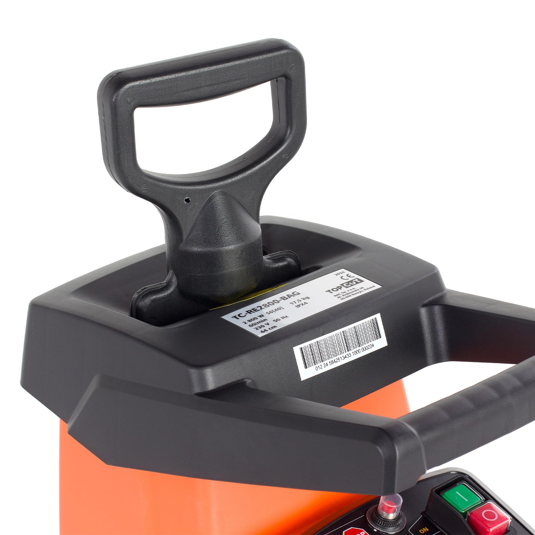 TOP CUT Elektro Gartenhäcksler 2800W – Walzenhäcksler für Äste bis 44 mm, Rücklauf, leise & sicher – inklusive Fangbox & Transportrollen – TC-RE2800-BAG