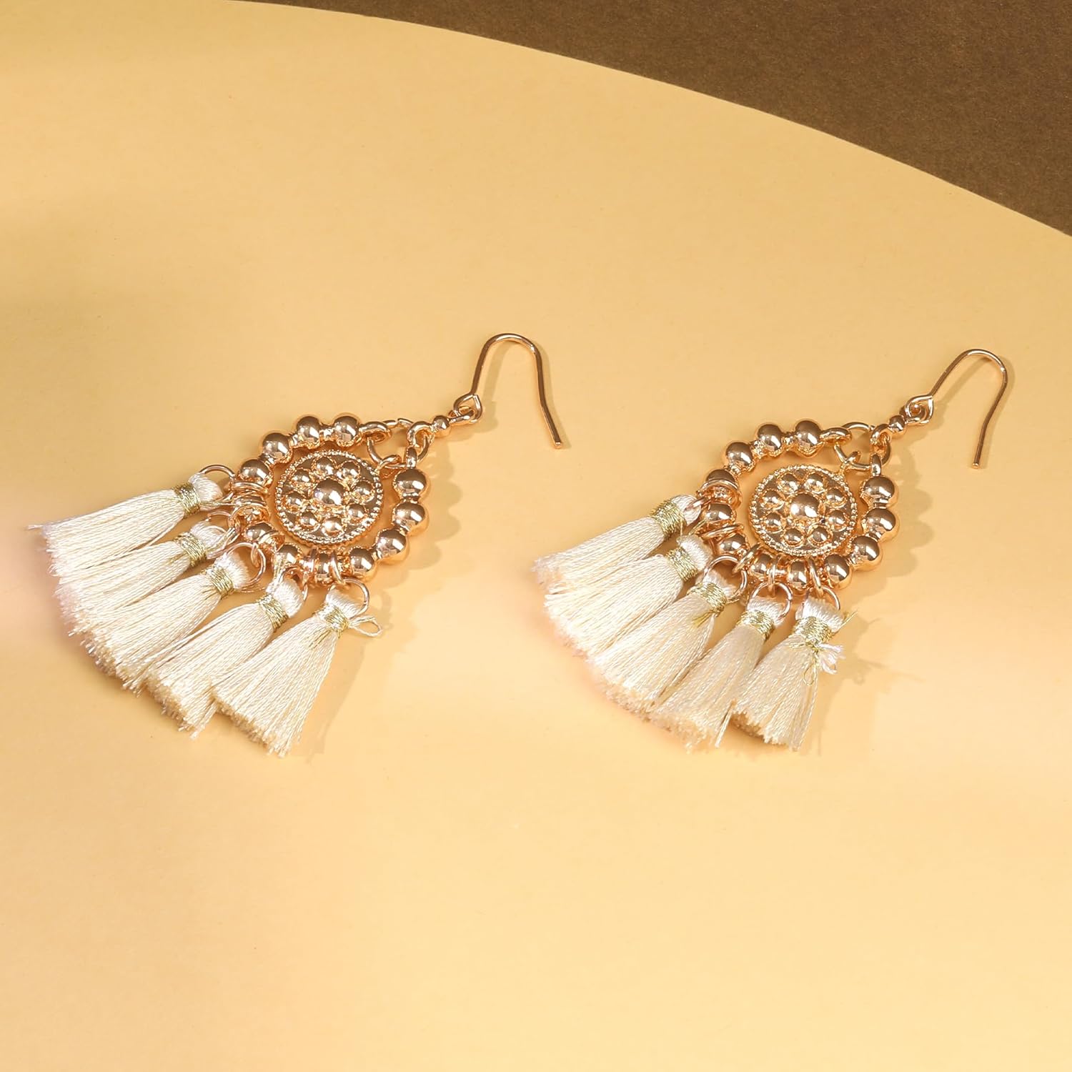 Bohemian Dangle Tassel Earrings for Women 14K Gold Plated Tassel Gold Ball Beads Hoop Fringe Chandelier Earrings Beaded Circle Hoop Boho Statement Earrings Handmade Party Jewelry Gift for Teen, Beige - Image 7