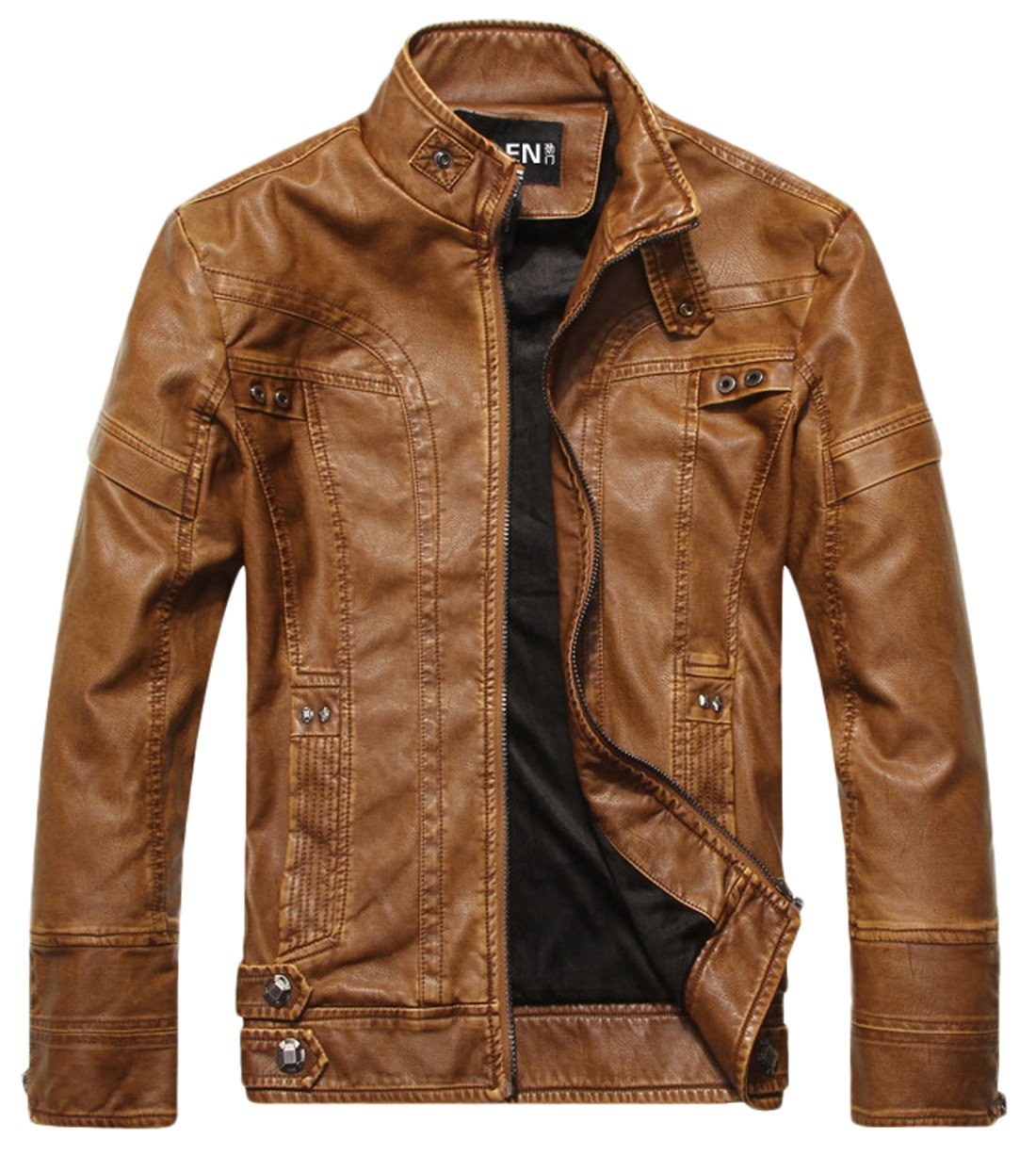chouyatou Men's Vintage Stand Collar Pu Leather Jacket