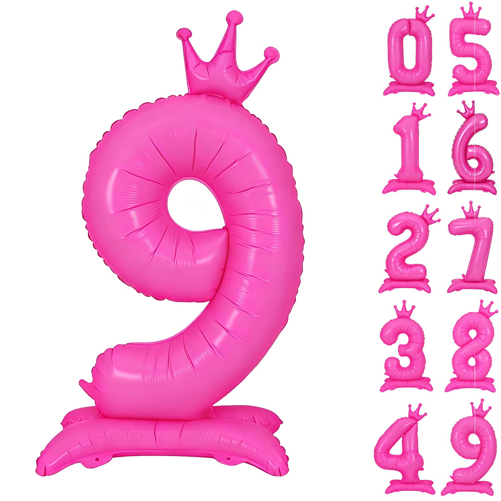 Fluorescent Pink Standing Number 9 Balloon 42 Inch Fluorescent Rose Pink Crown Balloons 0-9 Giant Foil Number 9 Balloon with Crown Birthday Party Decorations Supplies