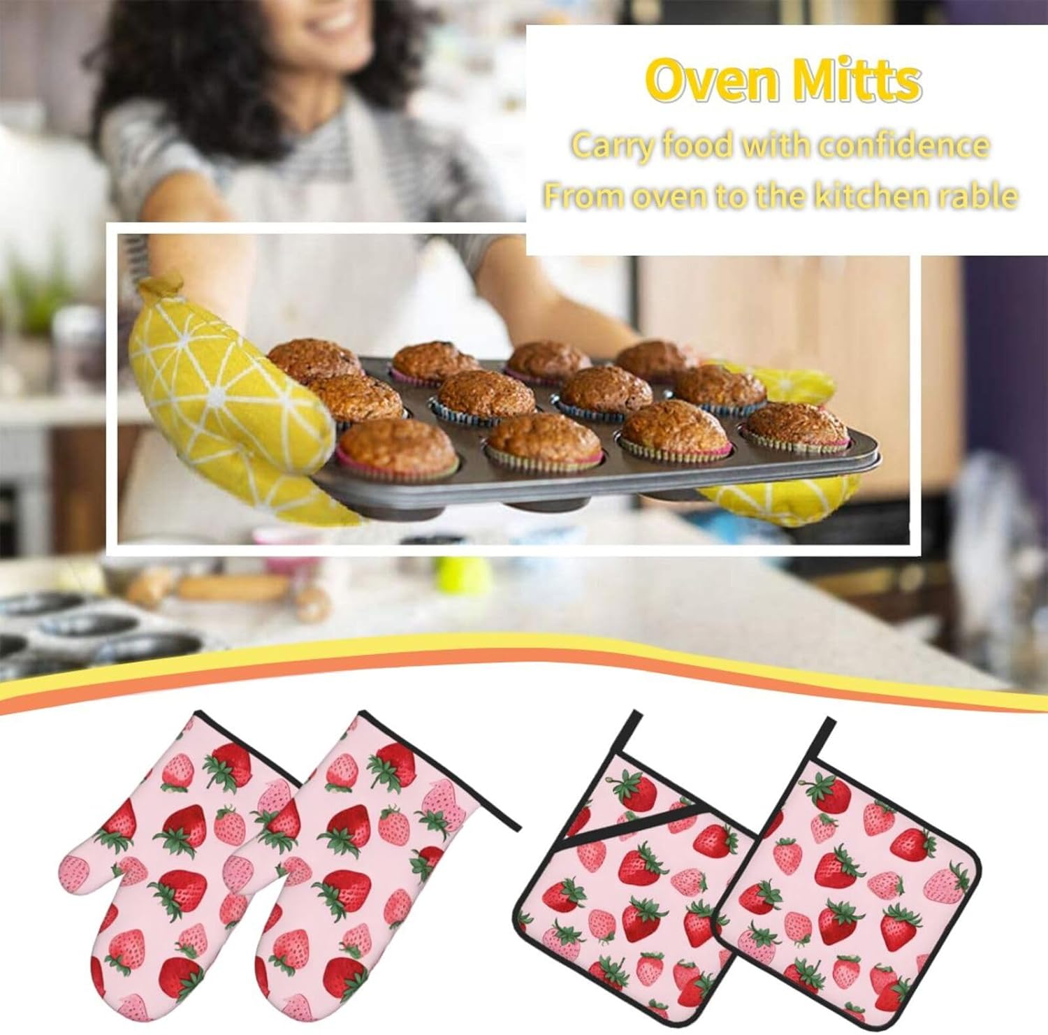 (Strawberry Pattern) Baking 4-Piece Set: 2 Oven Mitts and 2 Pot Holders Heat Resistant Waterproof Hanging Loop for Kitchen Oven Grill Housewarming Gifts