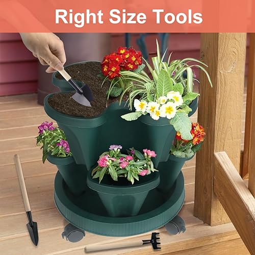 Miniatura 7 de DUNCHATY Macetas apilables de polipropileno, 5 niveles, verde pino, interiorexterior, 29 pulgadas de alto x 13.6 pulgadas de diámetro