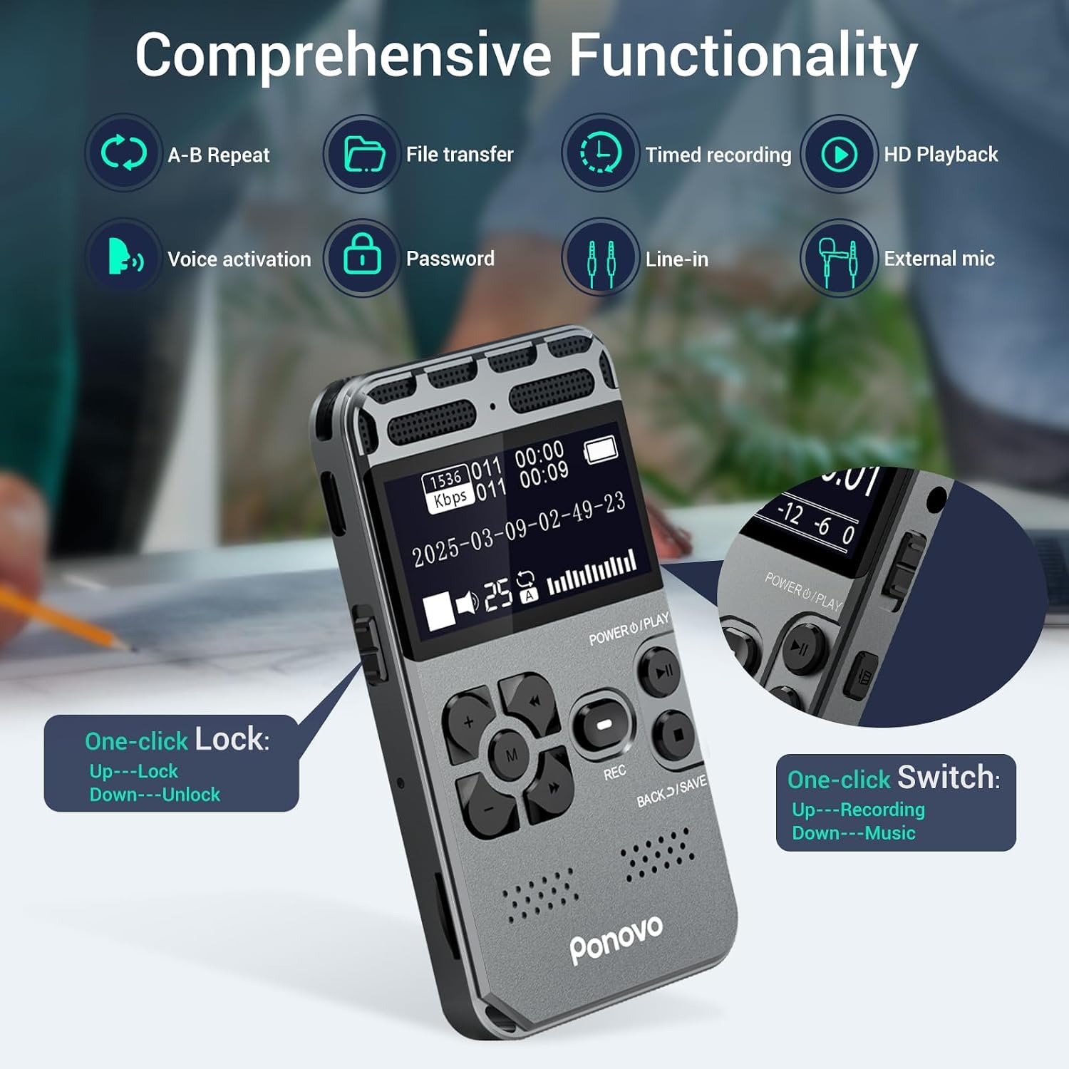 Diktiergerät mit Wiedergabe, Ponovo Dual Mikrofon Stereo Digitaler Aktivierter Recorder, Aufnahmegerät mit Rauschunterdrückung für Vorträge, Interviews, Meetings